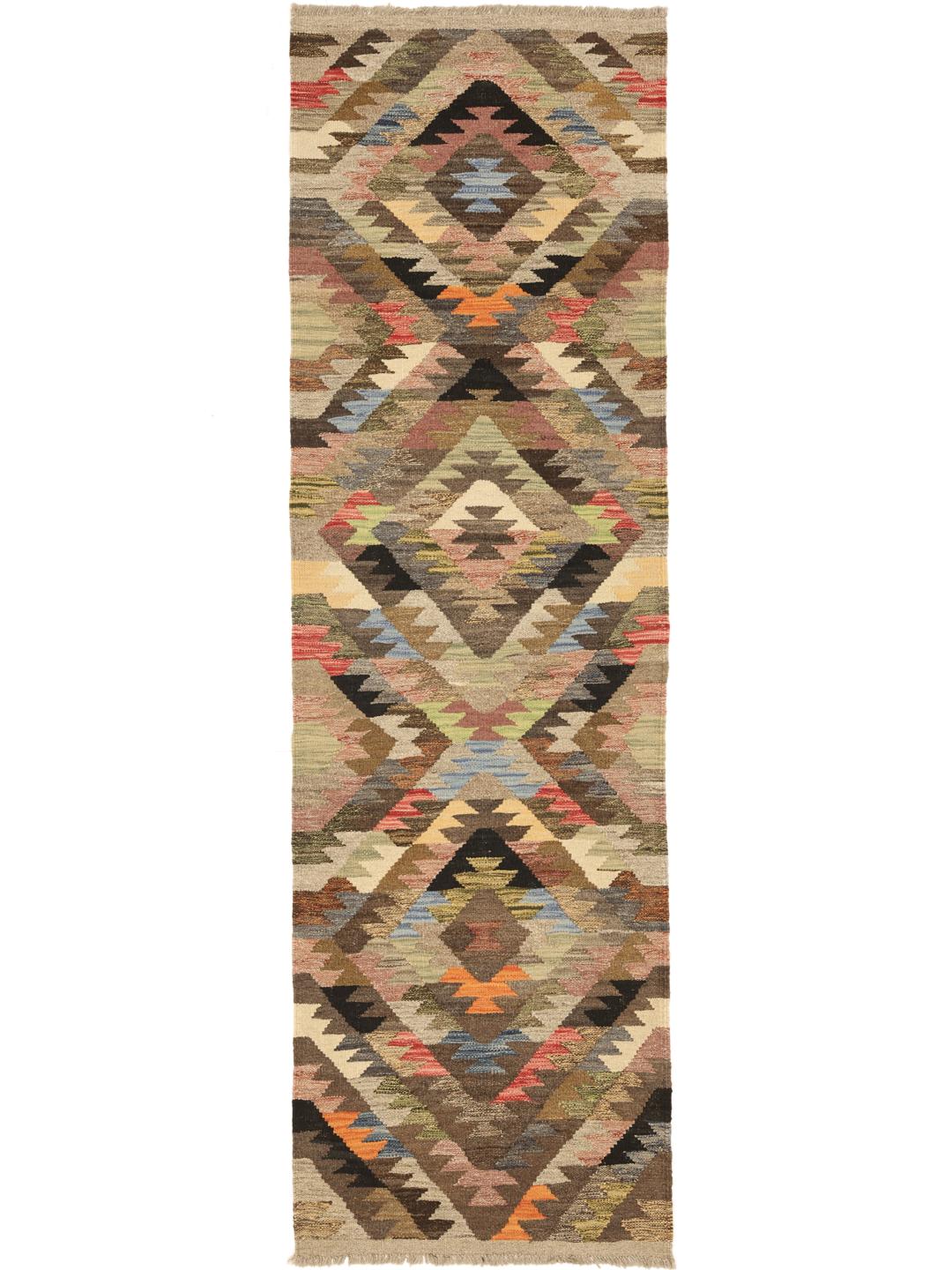Hand-woven Middle Eastern runner with a vibrant multicolor geometric pattern