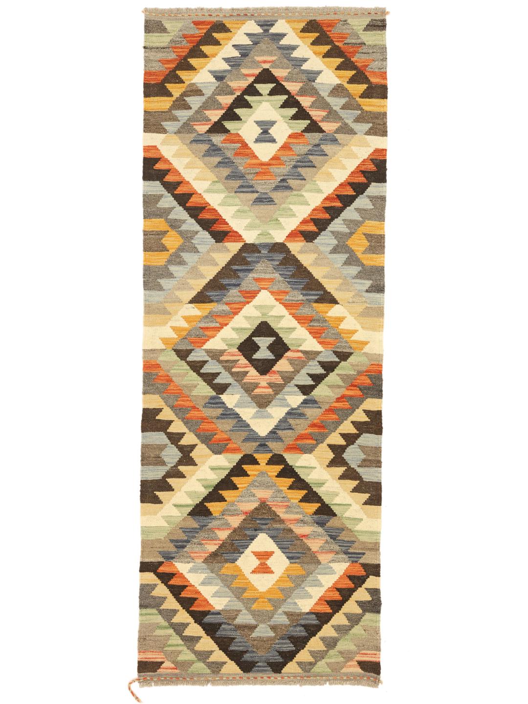 Hand-woven Afghan runner rug with geometric patterns in multicoloured Wool