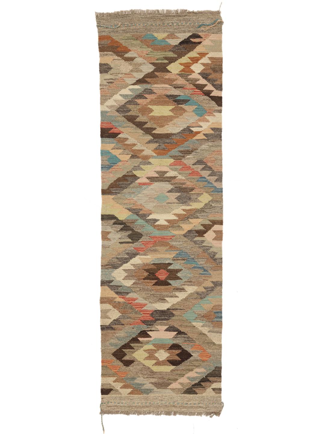 Hand-woven Kilim runner with geometric patterns in brown and multicoloured tones from the Middle East