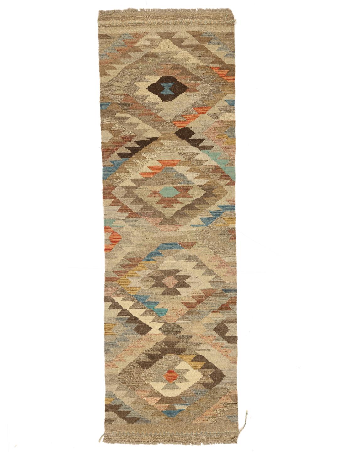 Hand-woven Afghan runner with geometric patterns in beige and earthy tones
