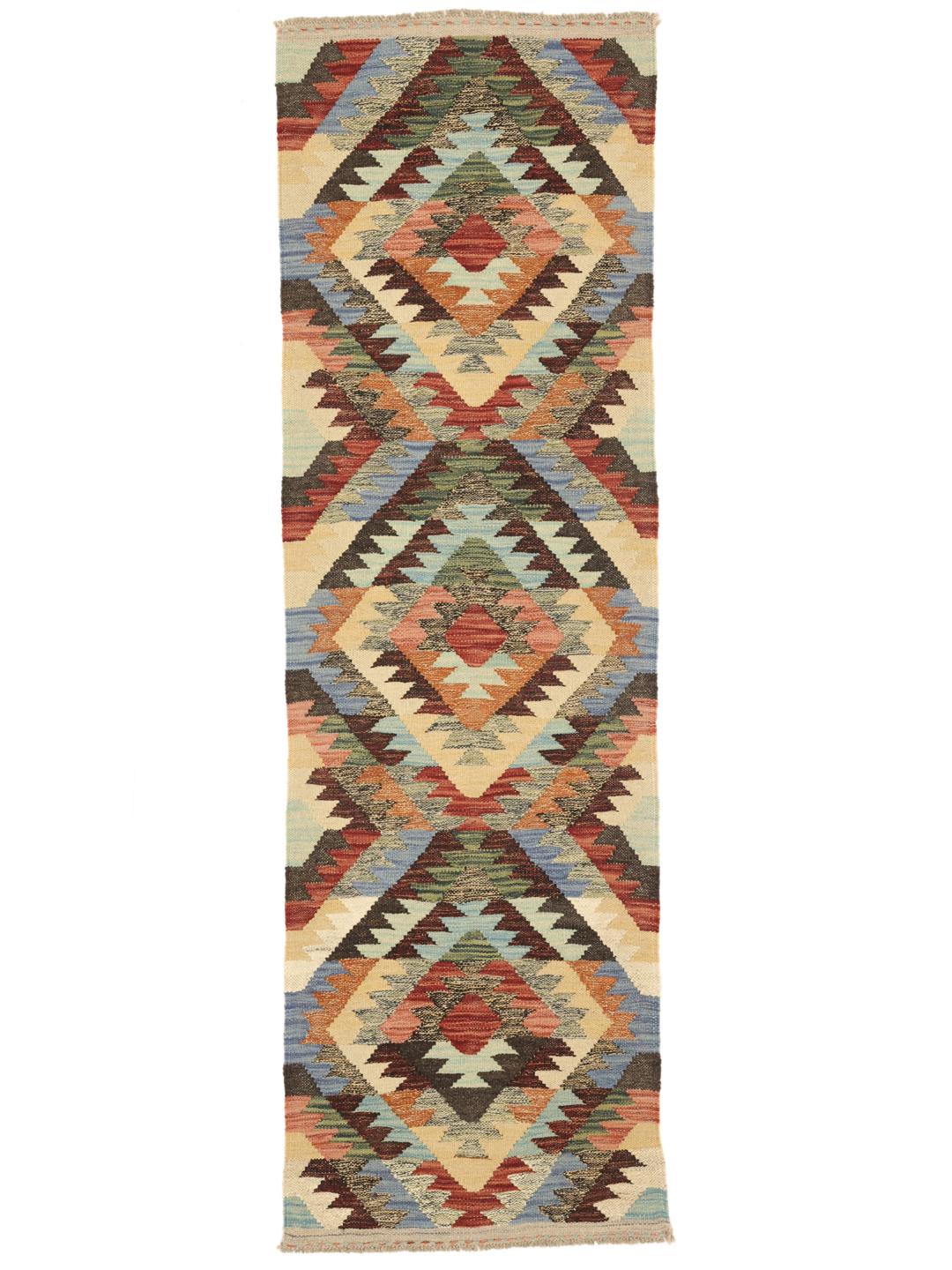 Hand-woven Afghan runner rug with a multicolor geometric pattern