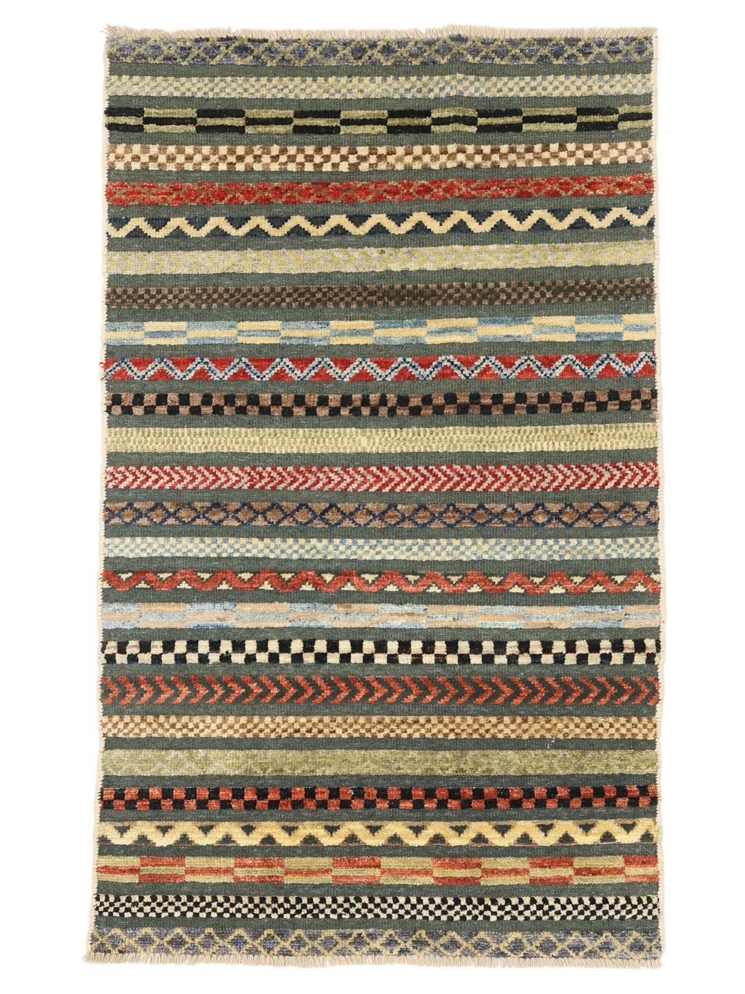 Tappeto afgano annodato a mano con vivaci strisce geometriche multicolori
