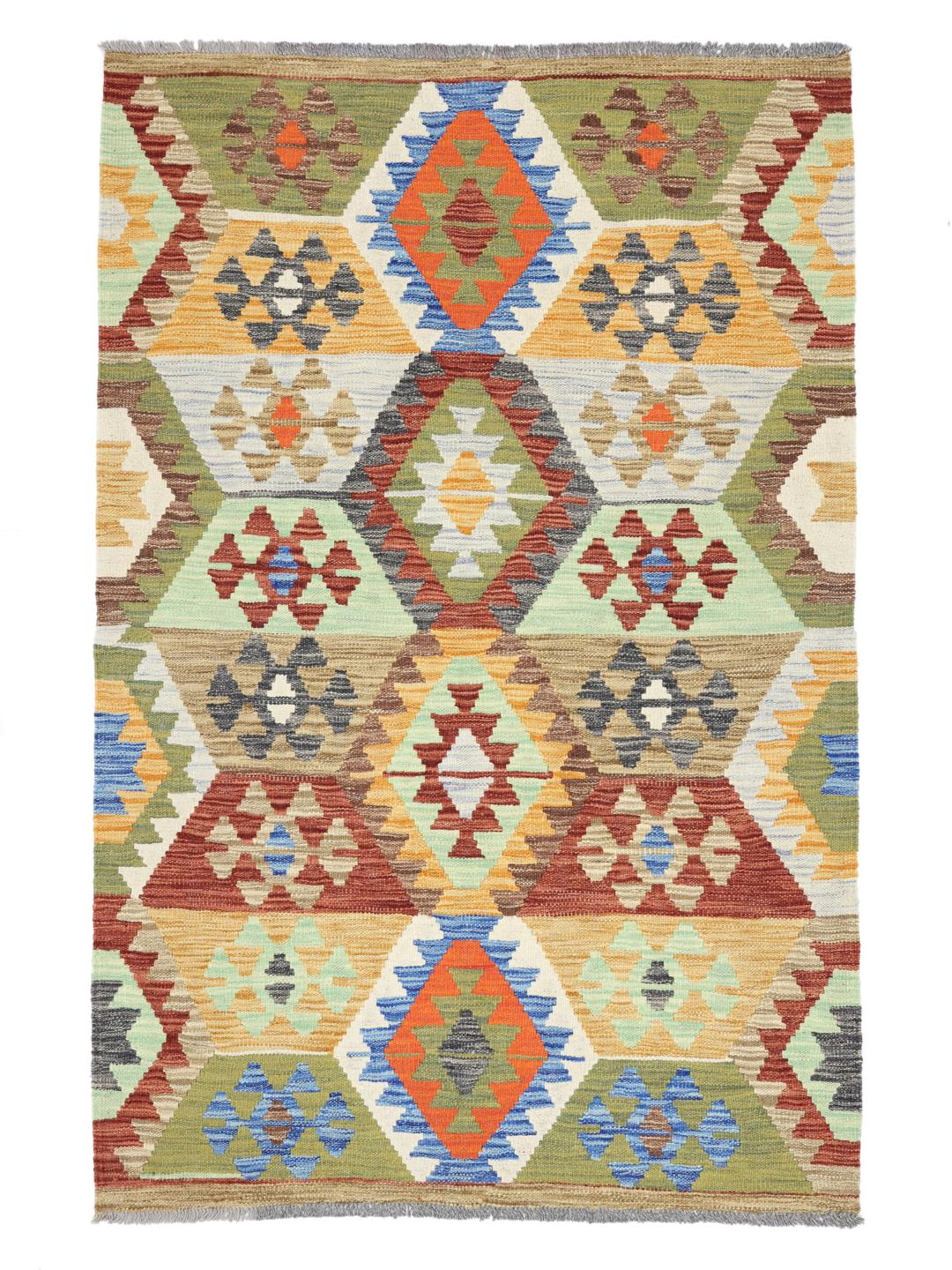 Ręcznie tkany dywan Kelim Afghan z wielokolorowymi wzorami geometrycznymi.