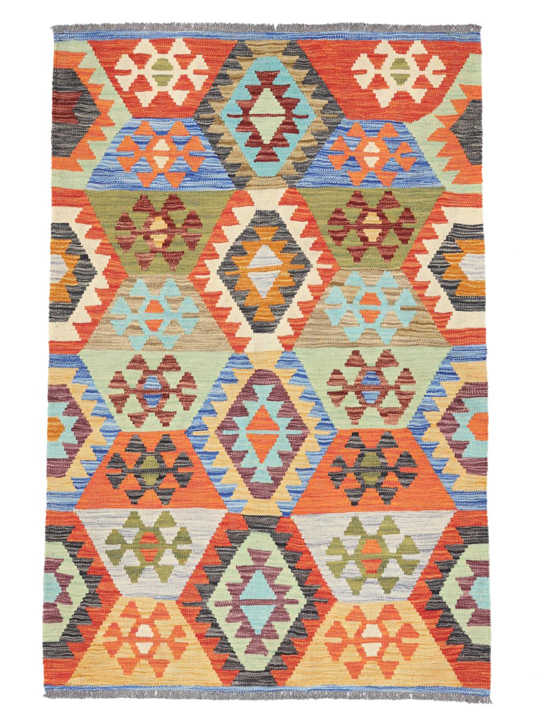 Handmade Afghan Kelim rug with multicolored geometric patterns