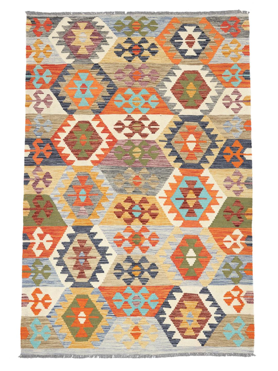 Handmade Afghan Kelim rug with vibrant multicolour geometric patterns
