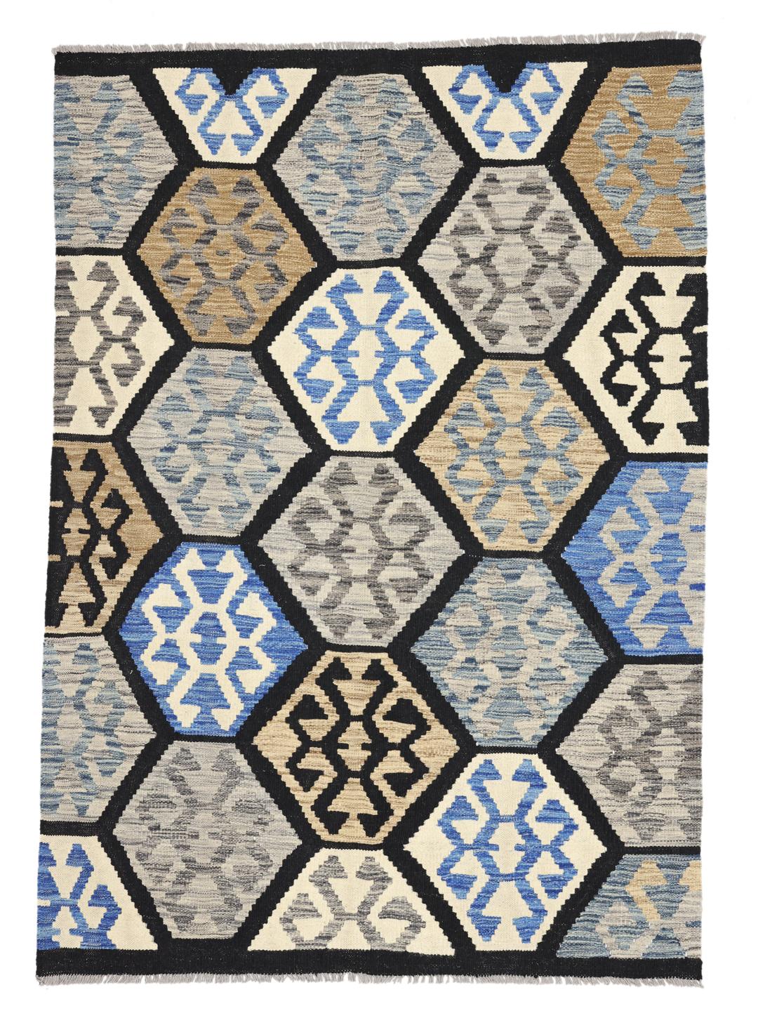 Hand-woven Afghan Kelim rug in blue and earthy tones