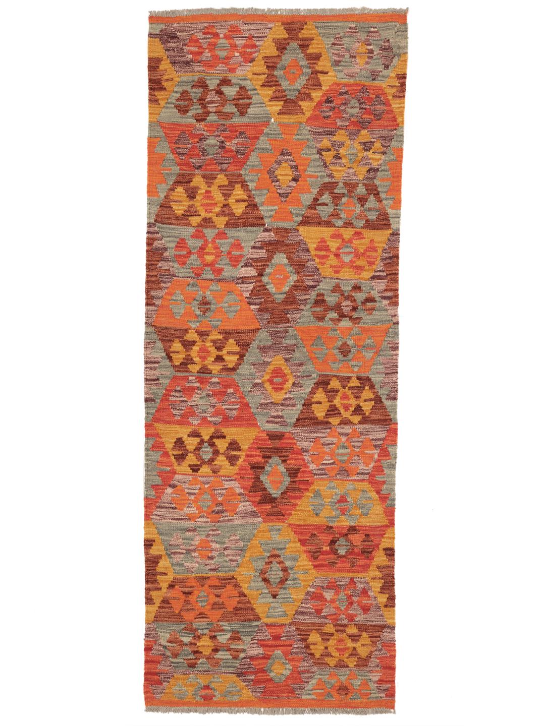 Handmade Afghan runner rug with geometric patterns in multicolor