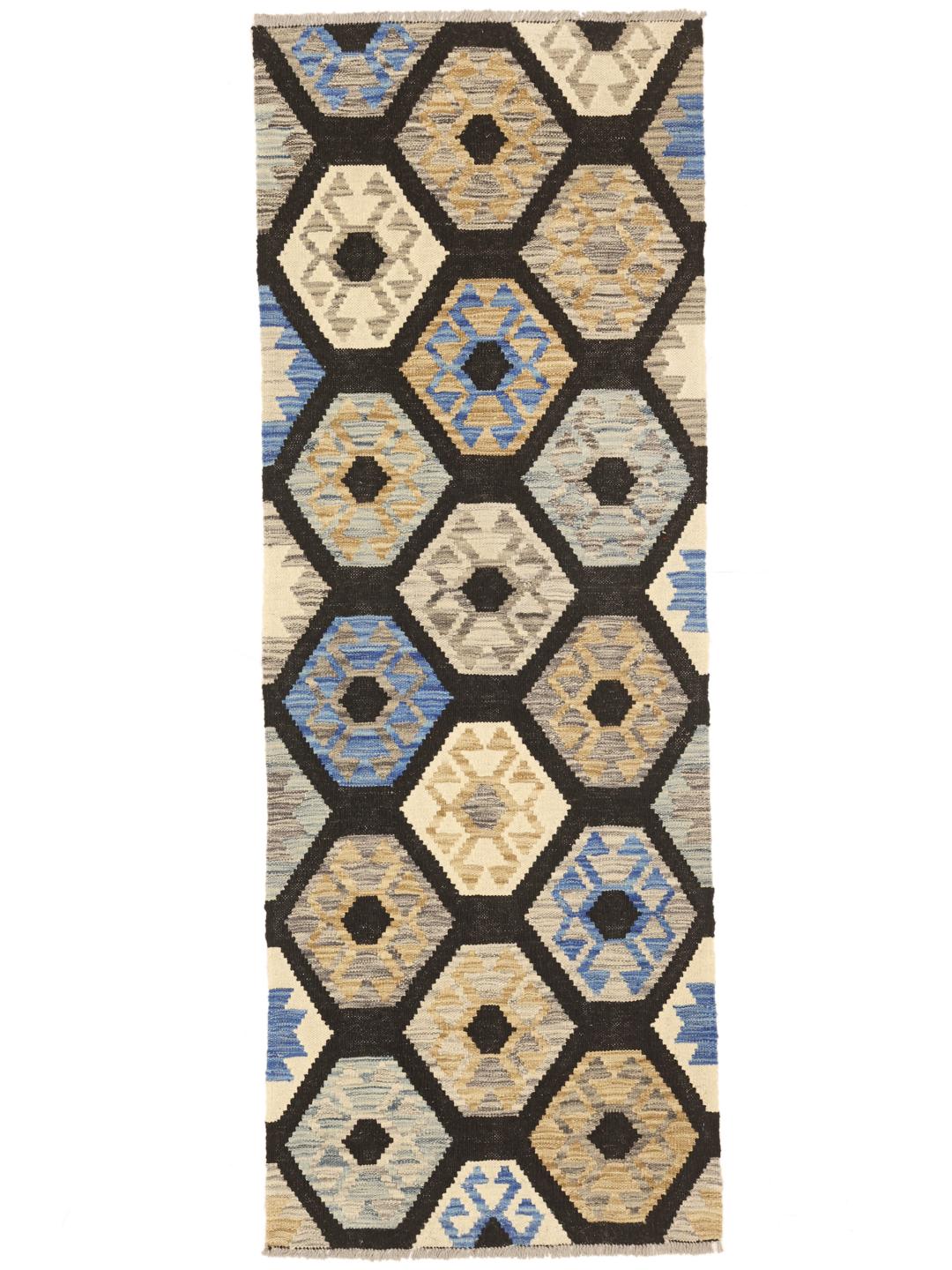 Hand-woven Kelim Afghan runner rug from Afghanistan in black