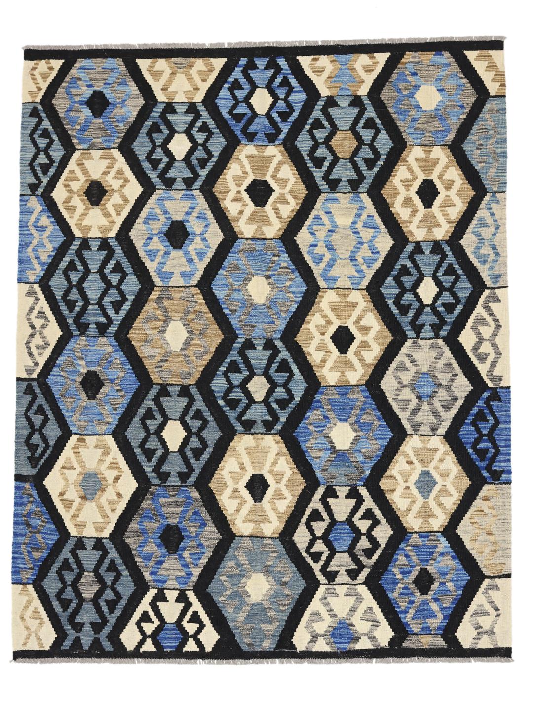 Handmade Afghan Kelim rug with blue and beige geometric patterns
