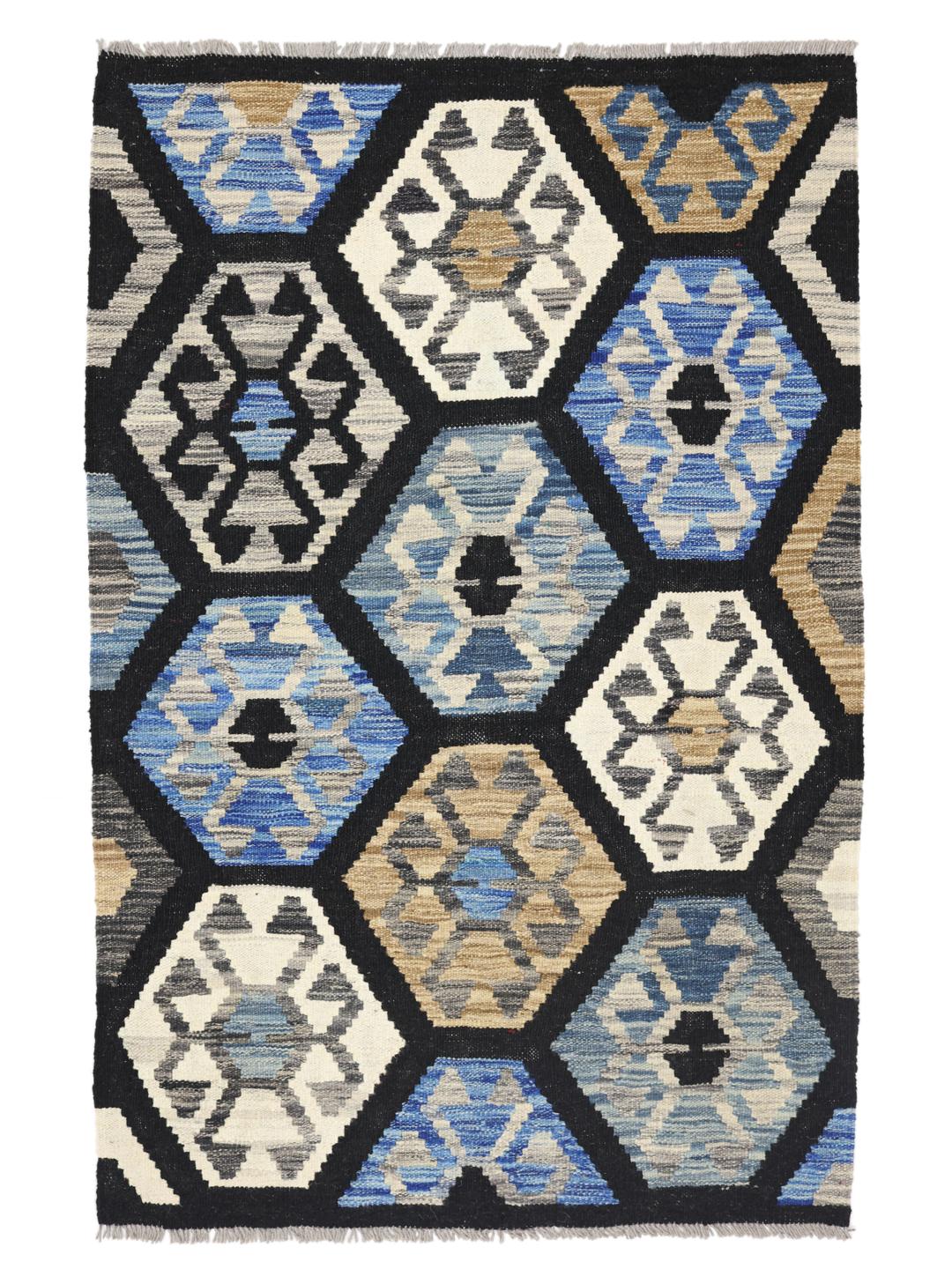 Handgeweven Afghan Kelim-tapijt met geometrische honingraatpatronen in blauw, bruin en wit.