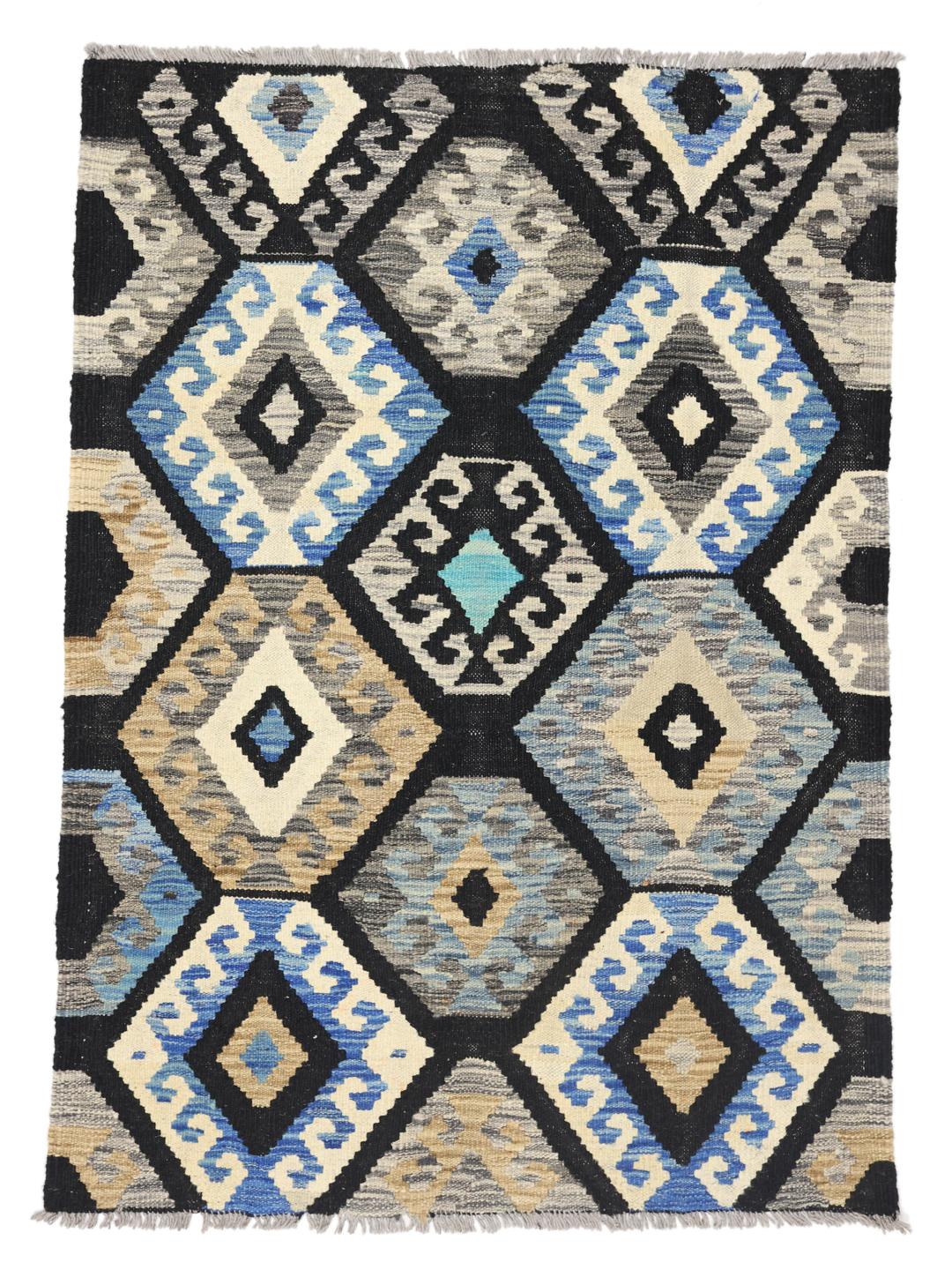 Handgeweven Afghan Kelim tapijt met geometrische patronen in blauw, zwart en beige