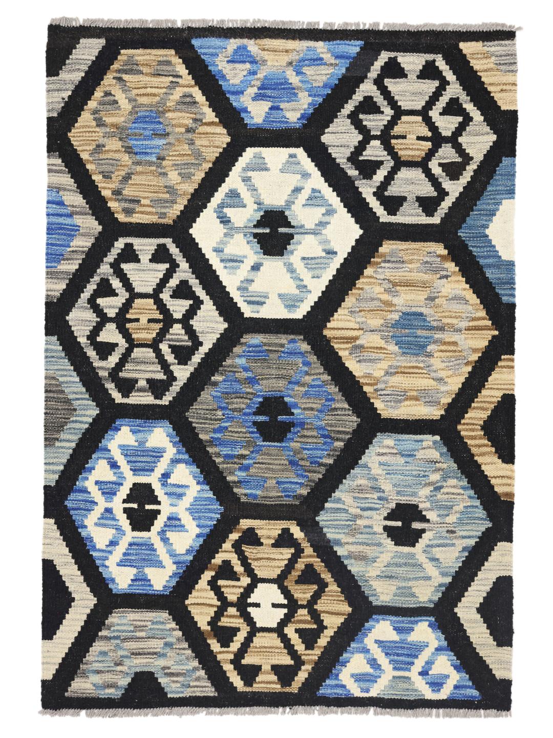 Met de hand geweven Afghan Kelim tapijt met een geometrisch patroon in veelkleurige wol