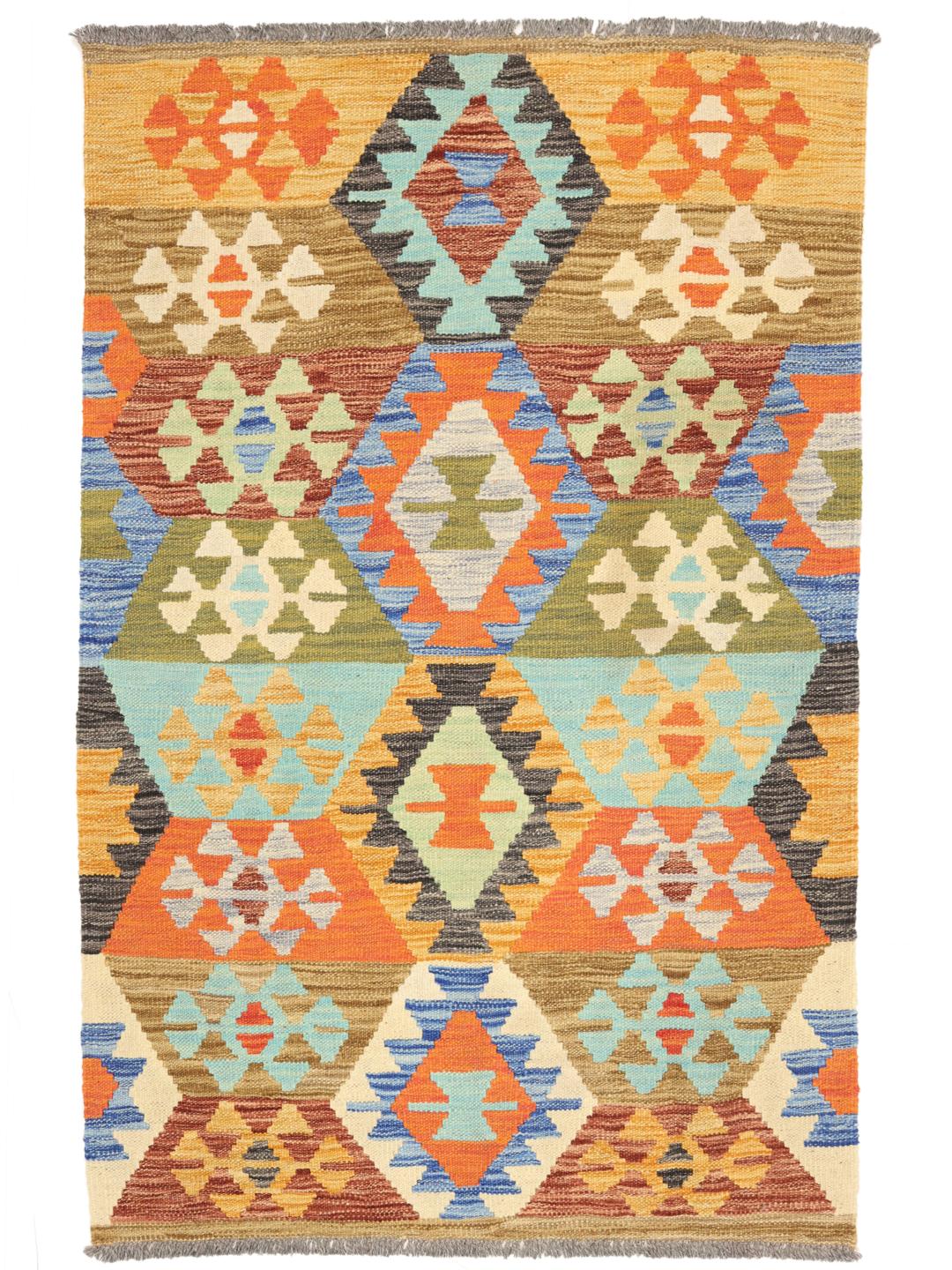 Tapis Kelim afghan rectangulaire tissé à la main avec des motifs géométriques multicolores