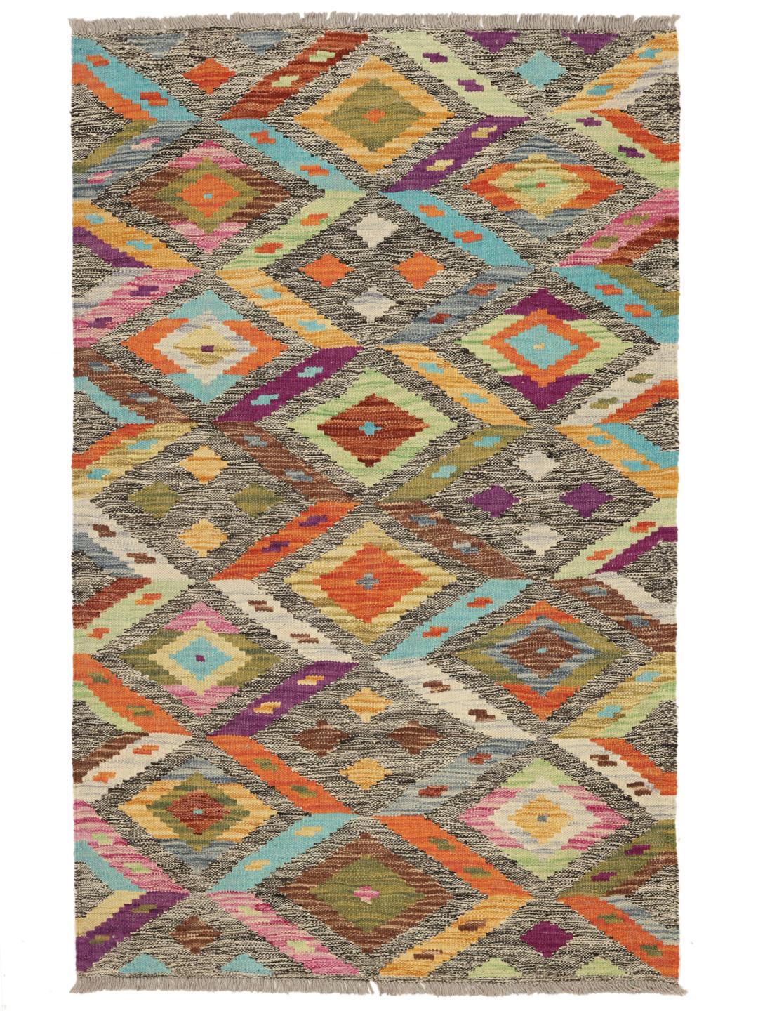 Tapis Kelim afghan tissé à la main avec un motif géométrique multicolore vibrant