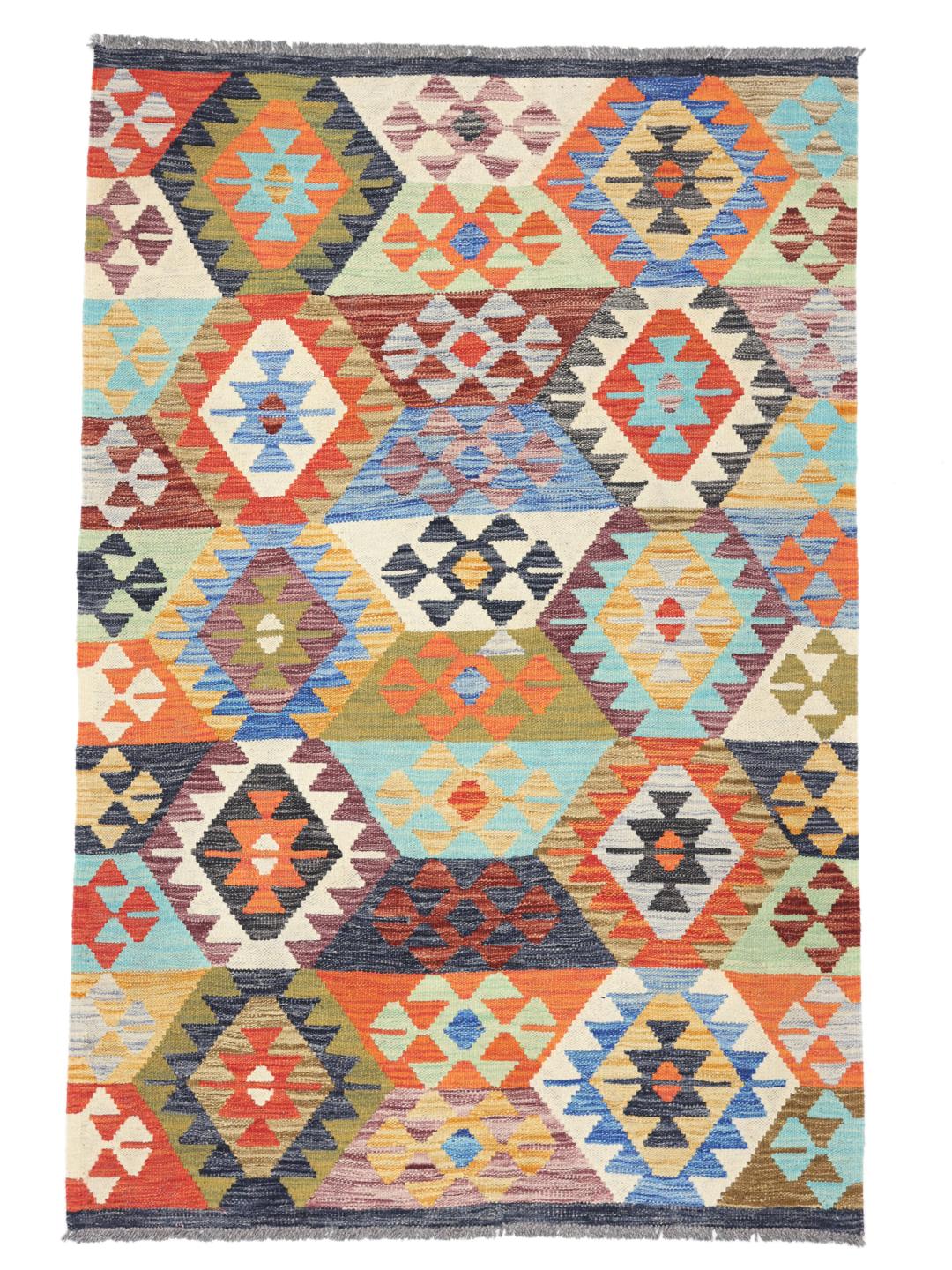 Hand-woven Afghan Kelim rug featuring a colourful geometric design on a Wool foundation