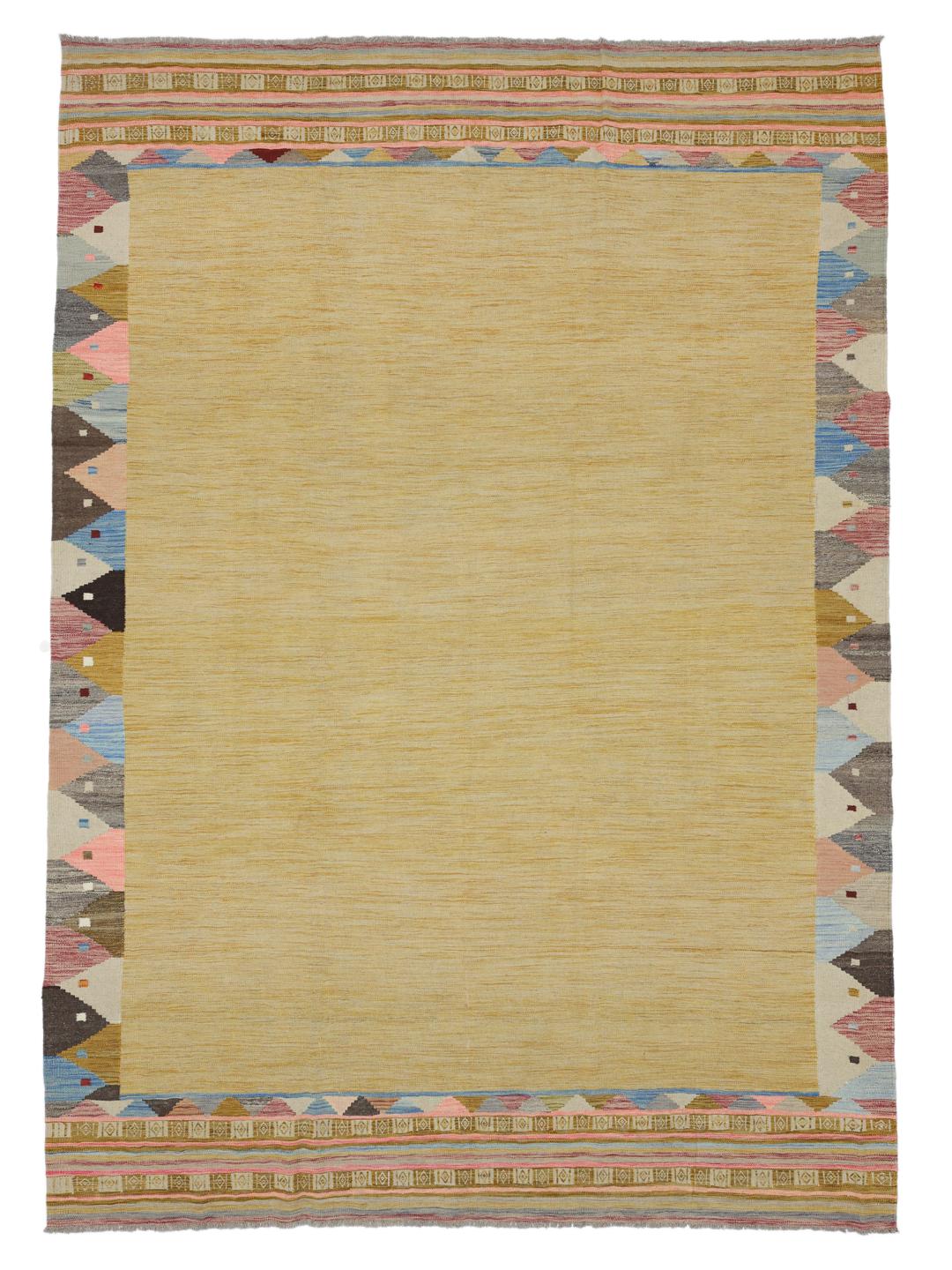 Hand-woven Afghan Kilim Ariana Trend rug with a beige field and multicoloured border