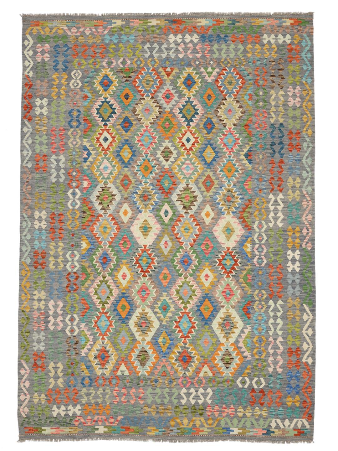 Hand-woven Kelim rug from Afghanistan with a multicolor geometric pattern on a grey background