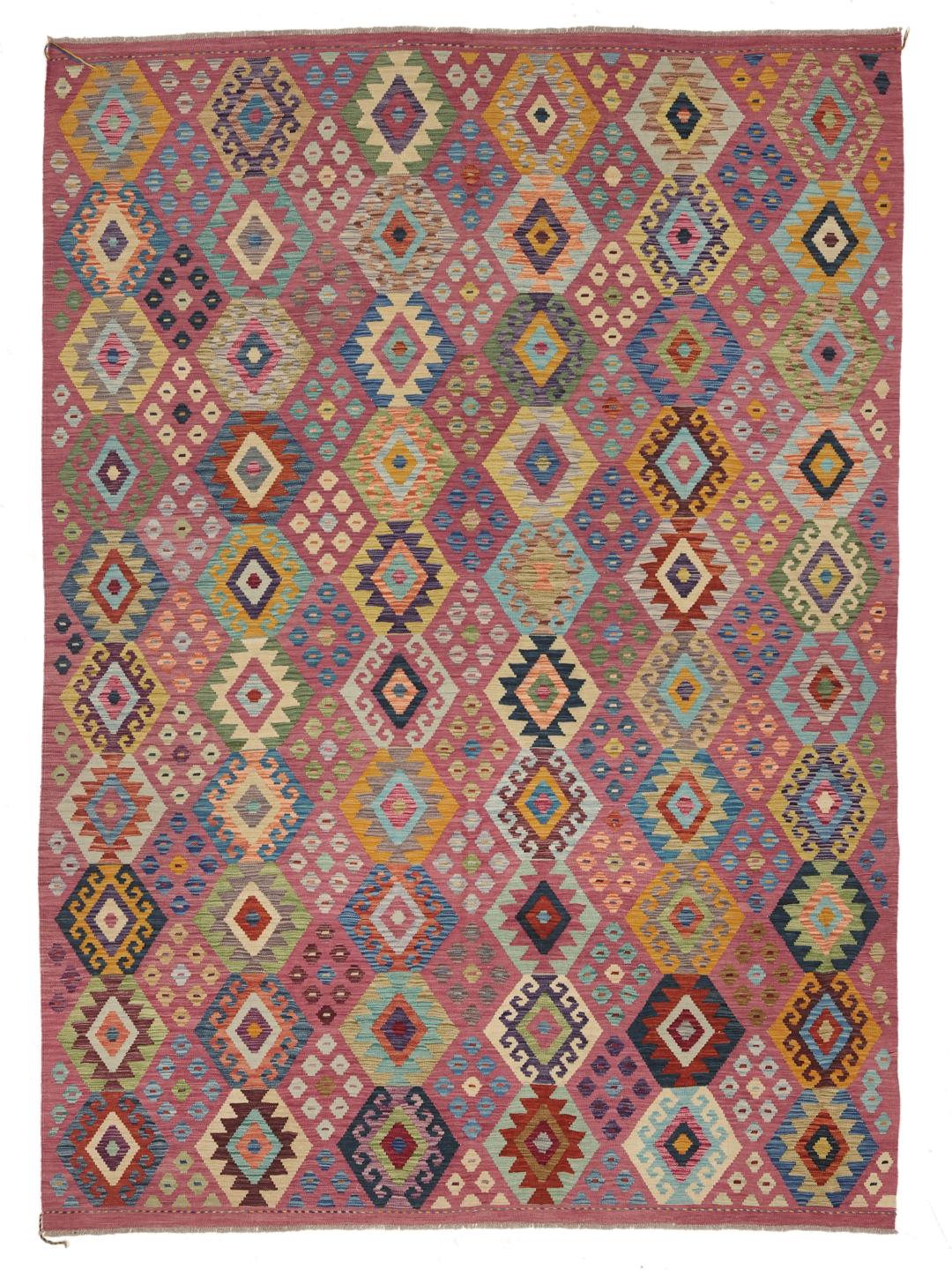 Hand-woven Afghan Kelim rug featuring a vibrant multicolor geometric diamond pattern