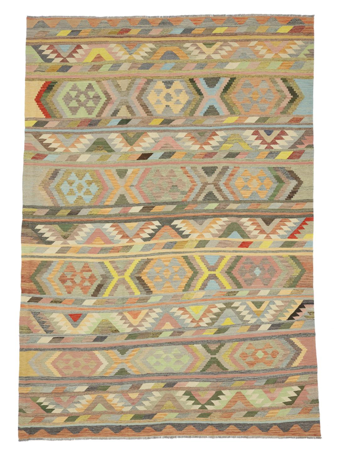 Hand-woven Afghan Kilim rug with multicolor geometric patterns