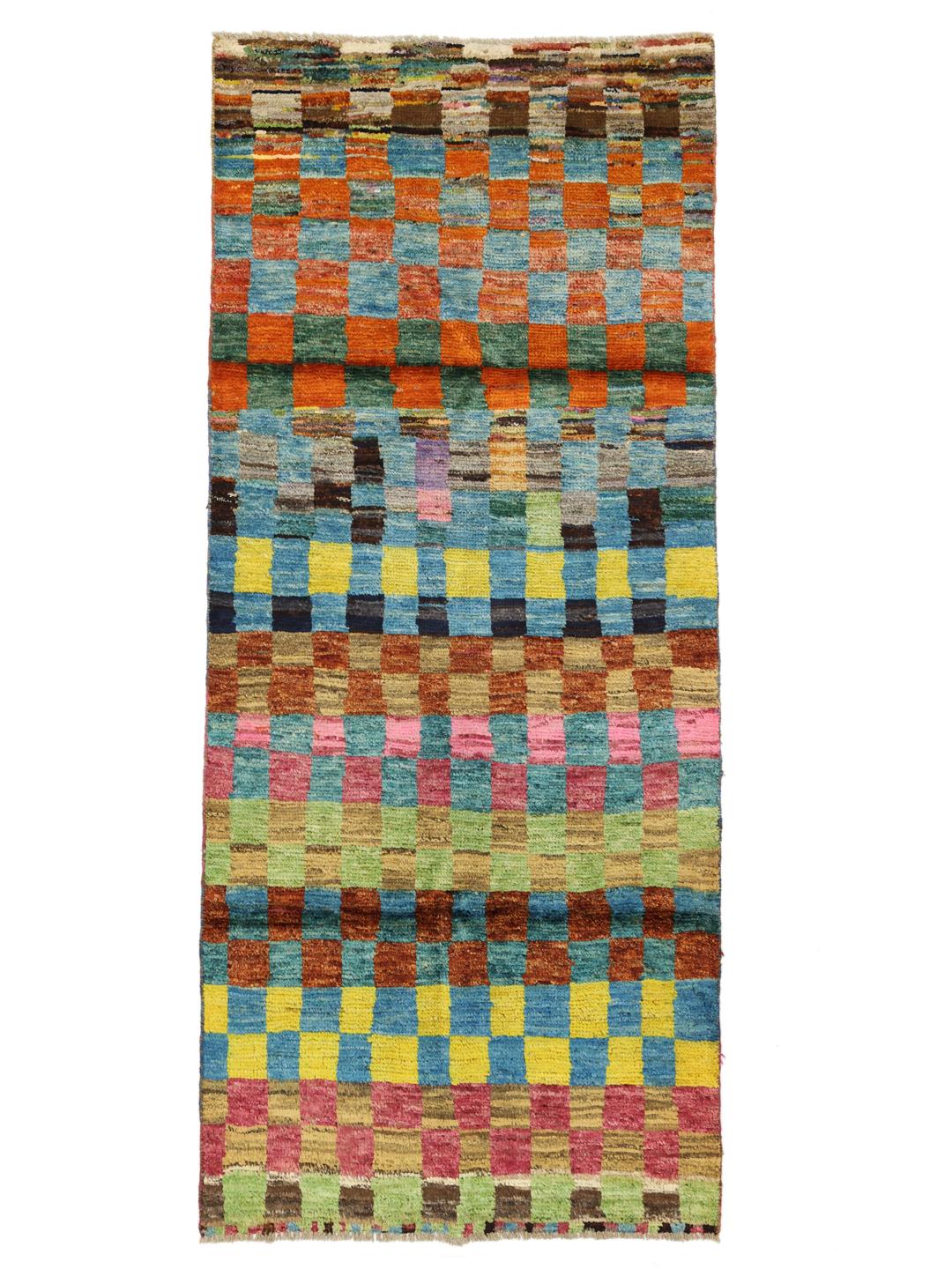 Hand-knotted Afghan runner with a vibrant multicolor checkered pattern