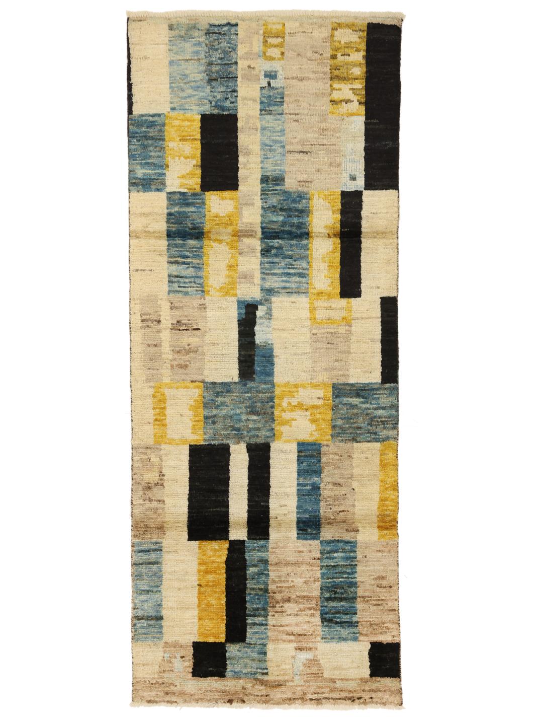 Tapis long noué à la main en provenance du Moyen-Orient avec un motif géométrique coloré en bleu, jaune et noir