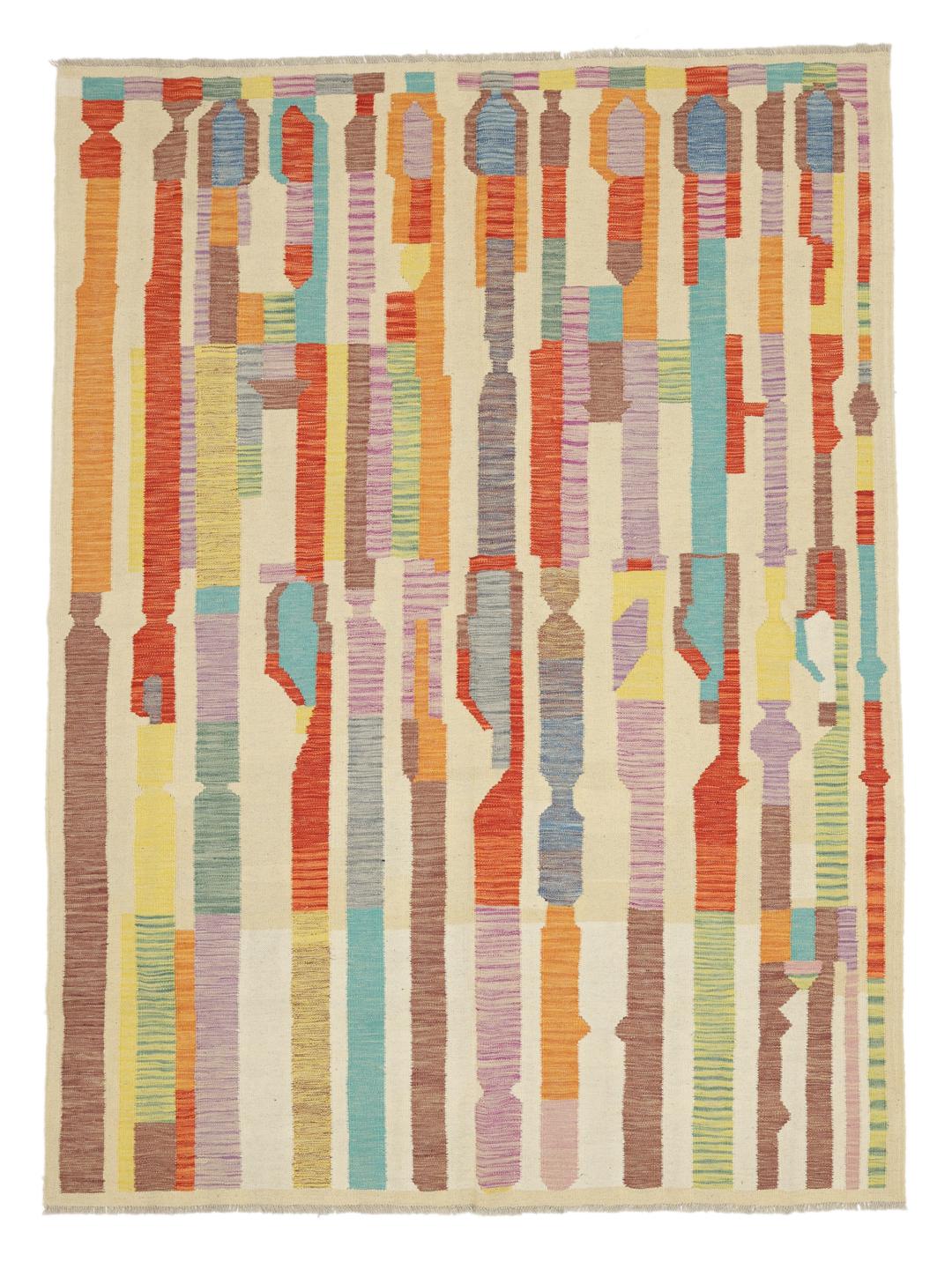 Handgefertigter Flachgewebeteppich aus Afghanistan in Beige und Mehrfarbig