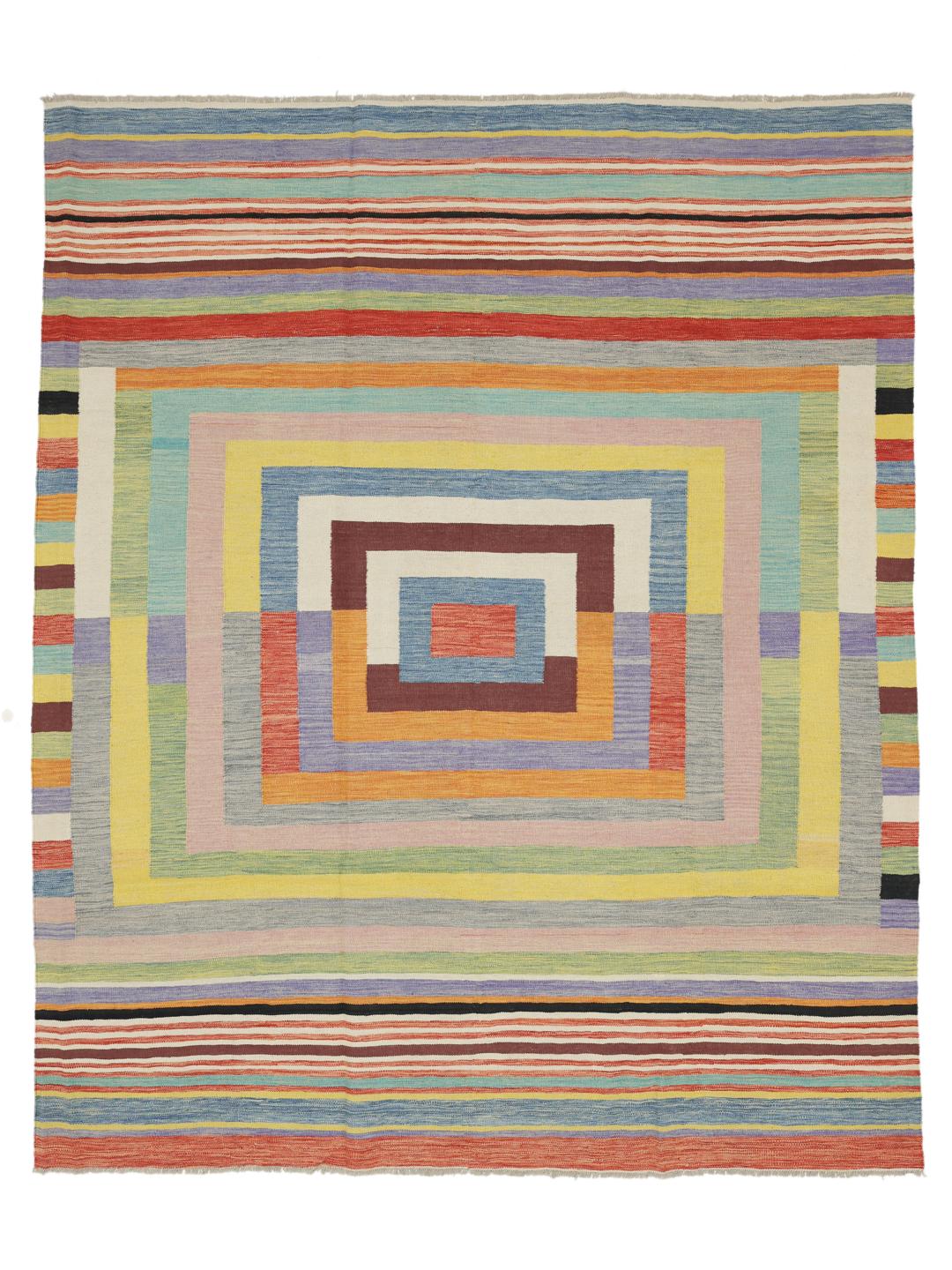 Handmade flatwoven rug from Afghanistan in multicolour with geometric pattern.
