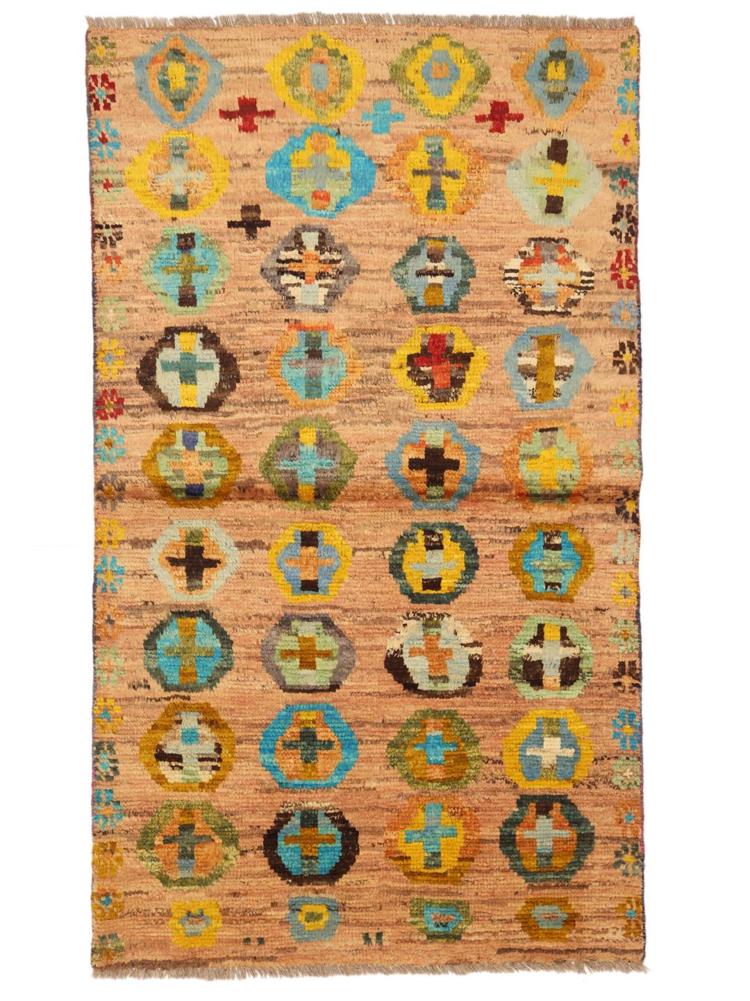Hand-knotted Afghan rug with colourful geometric patterns on a beige background