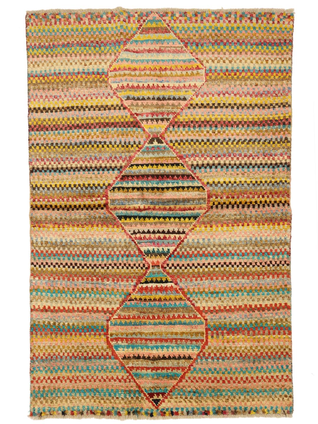 Hand-knotted multicoloured Berber rug from Afghanistan with a bold geometric medallion design.