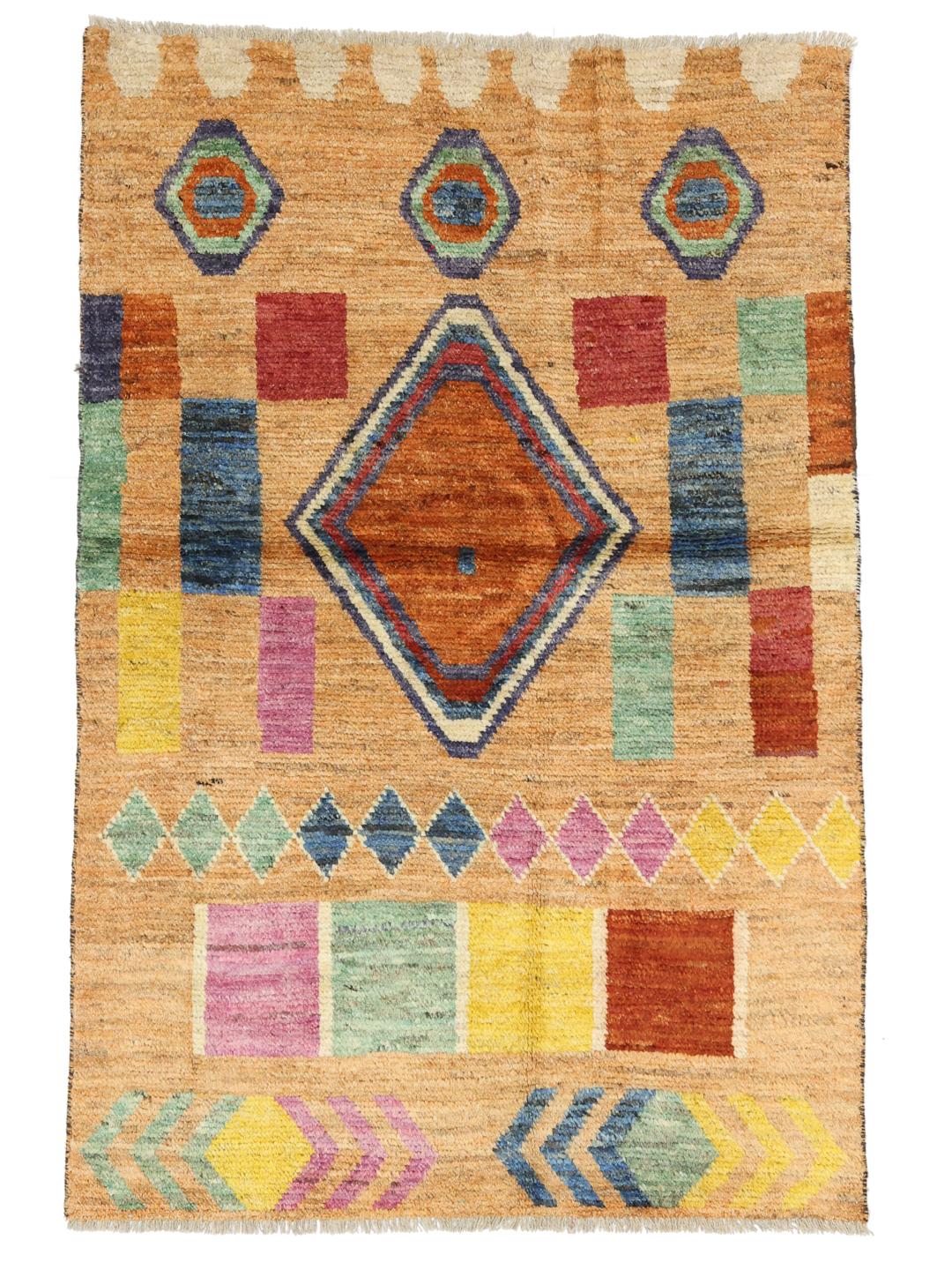 Hand-knotted rug from Afghanistan in beige with colourful geometric motifs