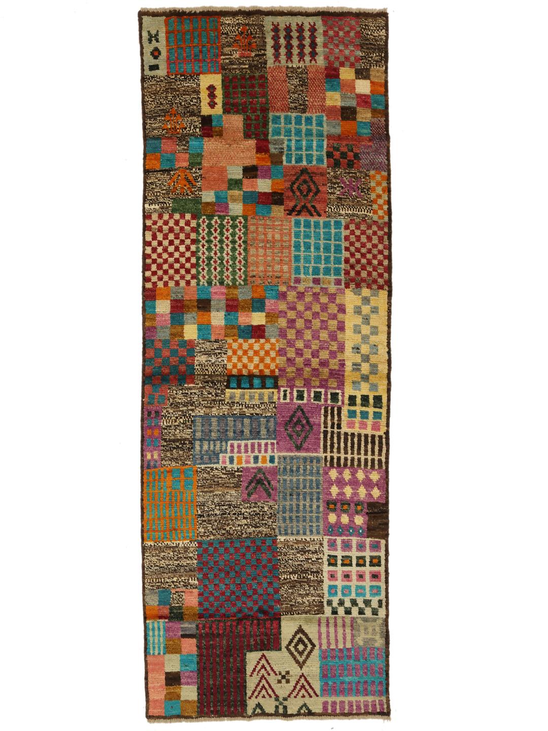 Handgeknoopte Afghaanse loper met een kleurrijk geometrisch patchworkontwerp