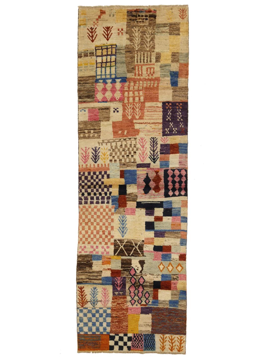 Håndknyttet afghansk løber med et farverigt geometrisk patchwork-design
