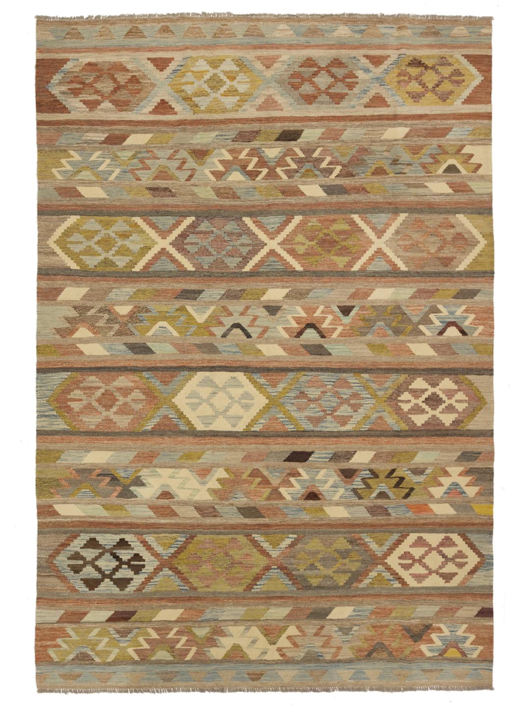 Hand-woven Afghan Kilim Ariana rug in multicolor geometric patterns