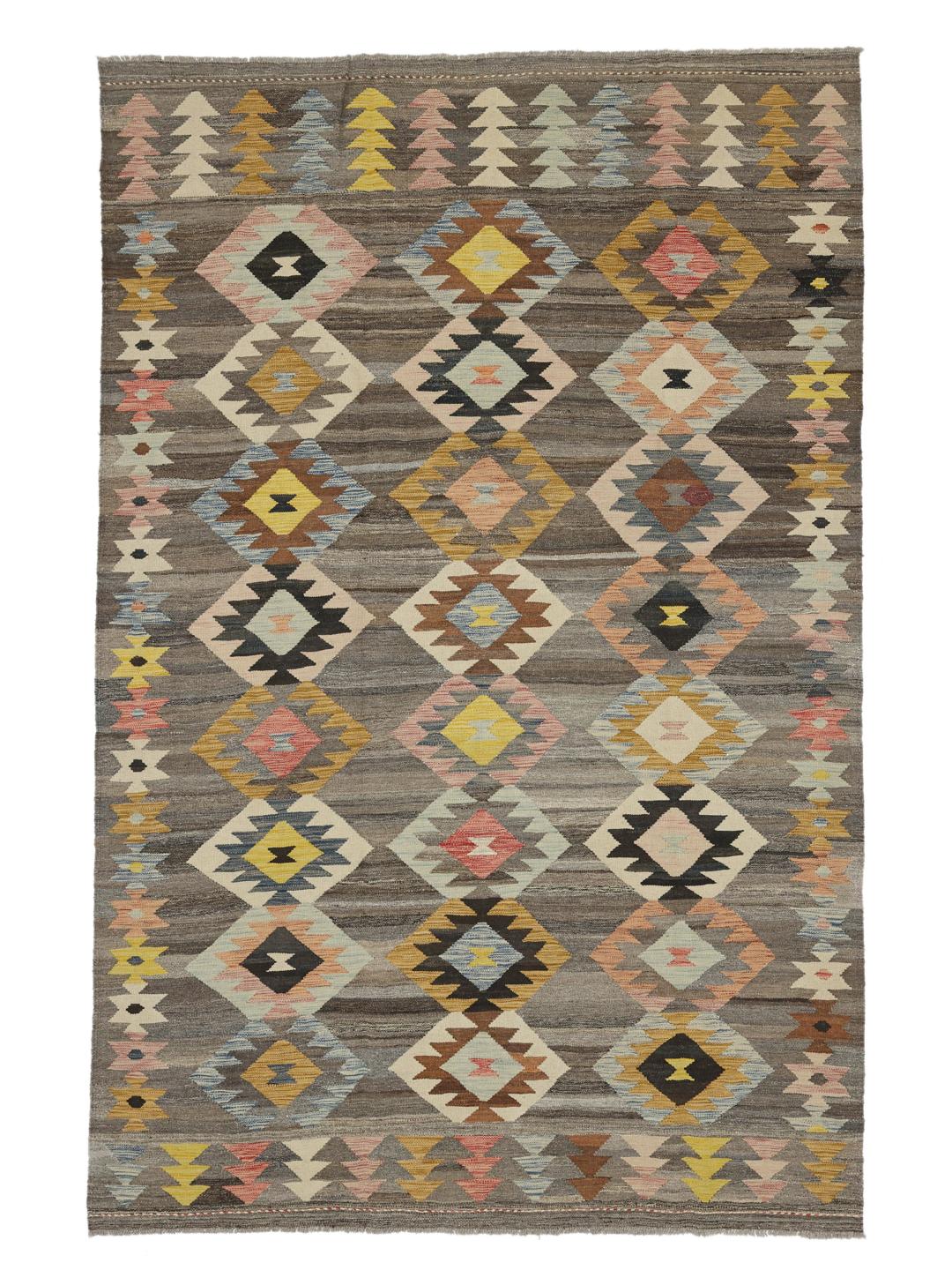 Hand-woven Afghan Kilim rug with geometric diamond patterns in brown, yellow, and blue tones