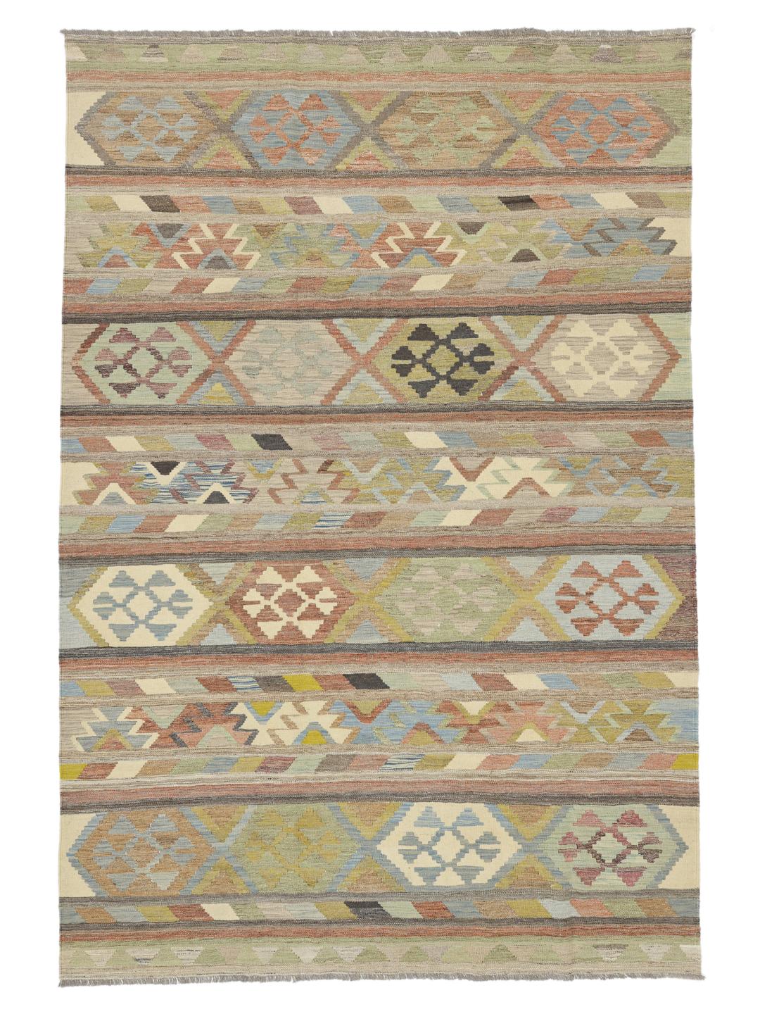 Hand-woven Afghan Kilim rug with a multicolor geometric pattern