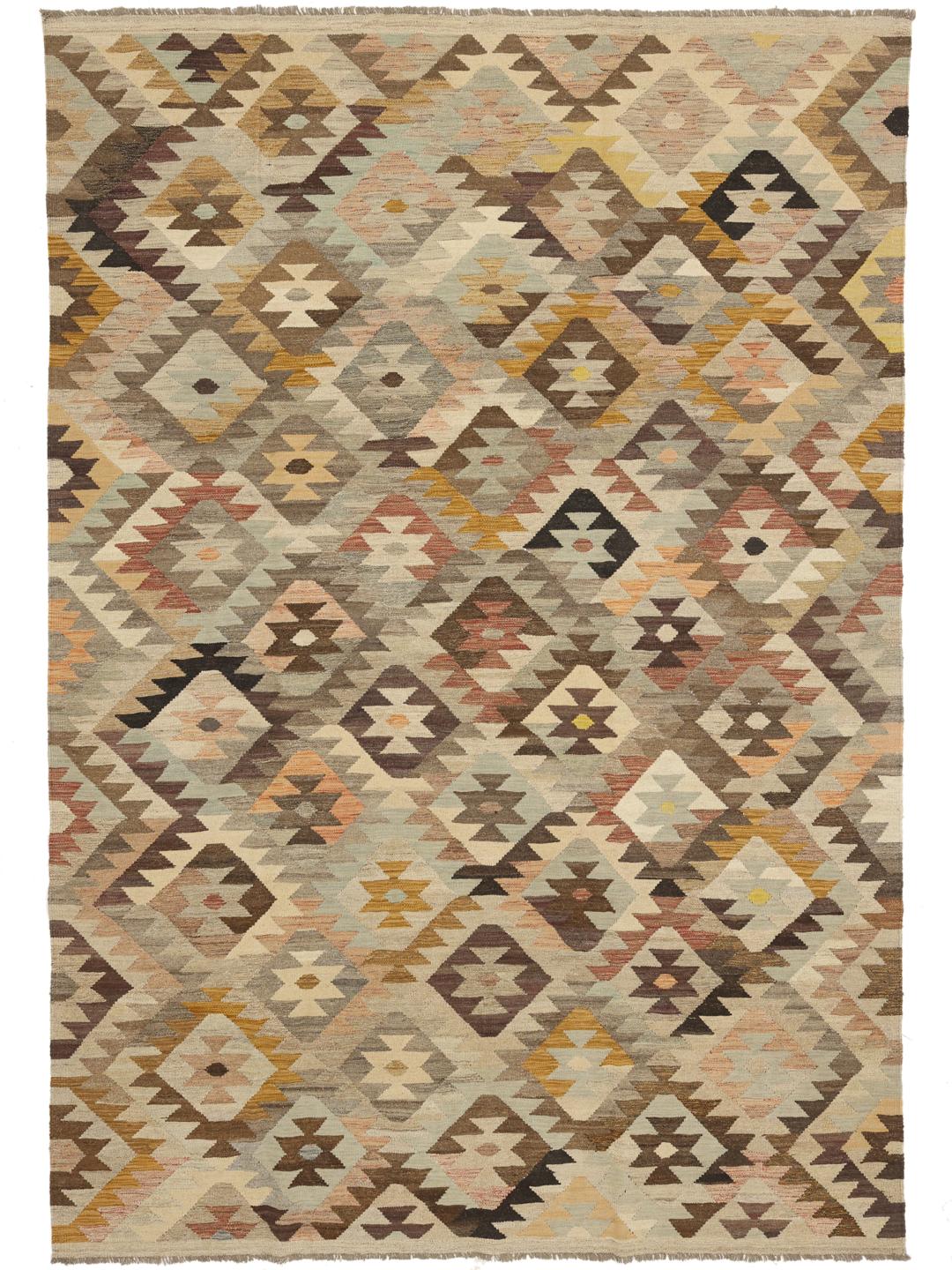 Handgeweven Afghaans Kelim Ariana tapijt met een veelkleurig geometrisch patroon