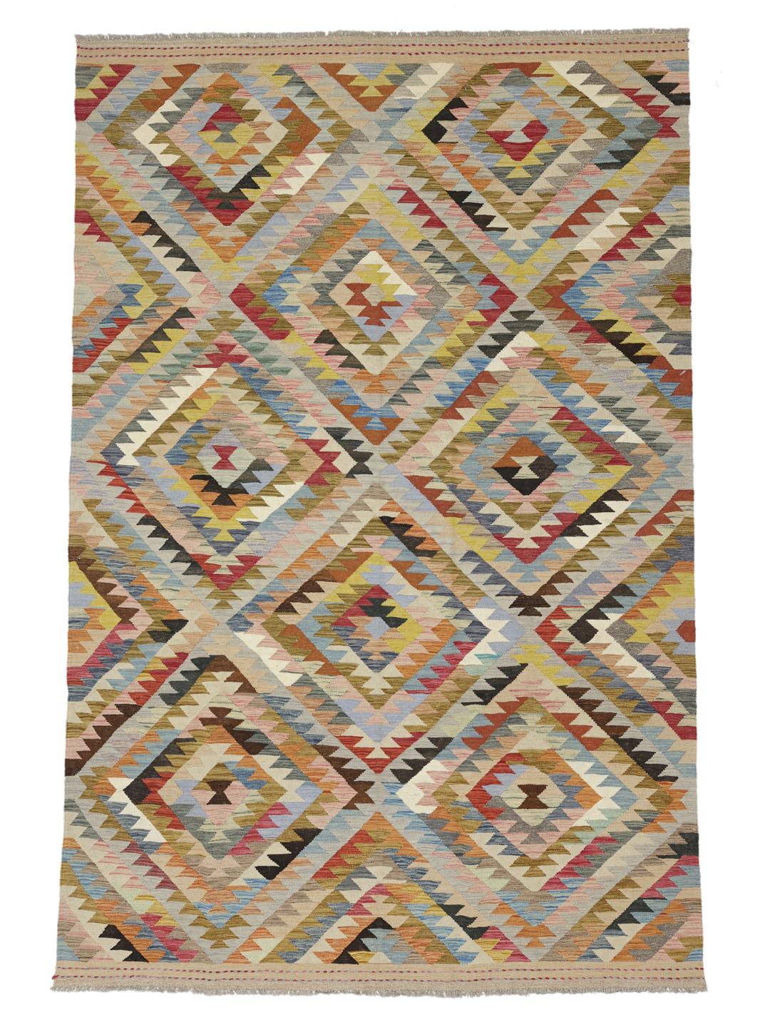 Hand-woven Afghan Kilim Ariana rug in multicolor geometric pattern