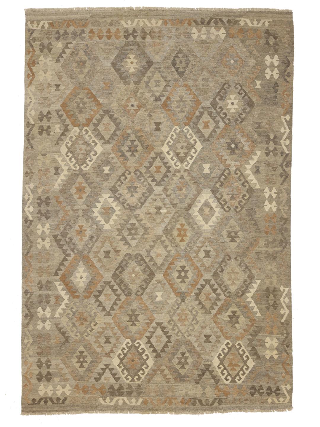 Handmade Afghan rug with geometric diamond patterns in brown and beige