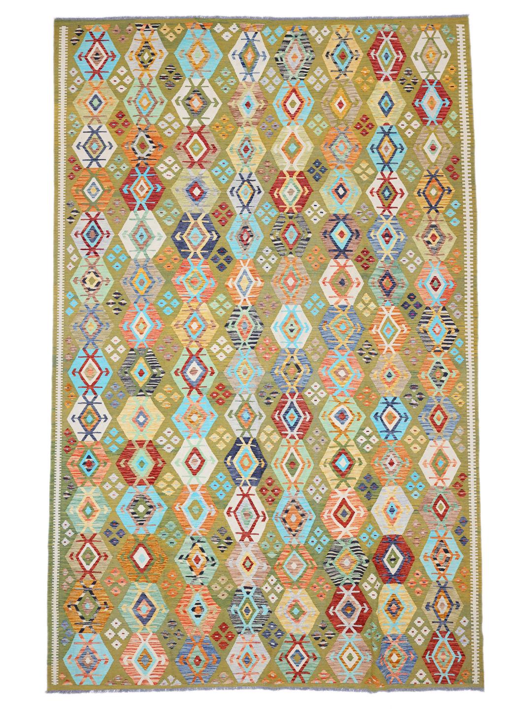 Håndlavet Kelim Afghan Old Style tæppe fra Afghanistan i grøn med diamantmønster