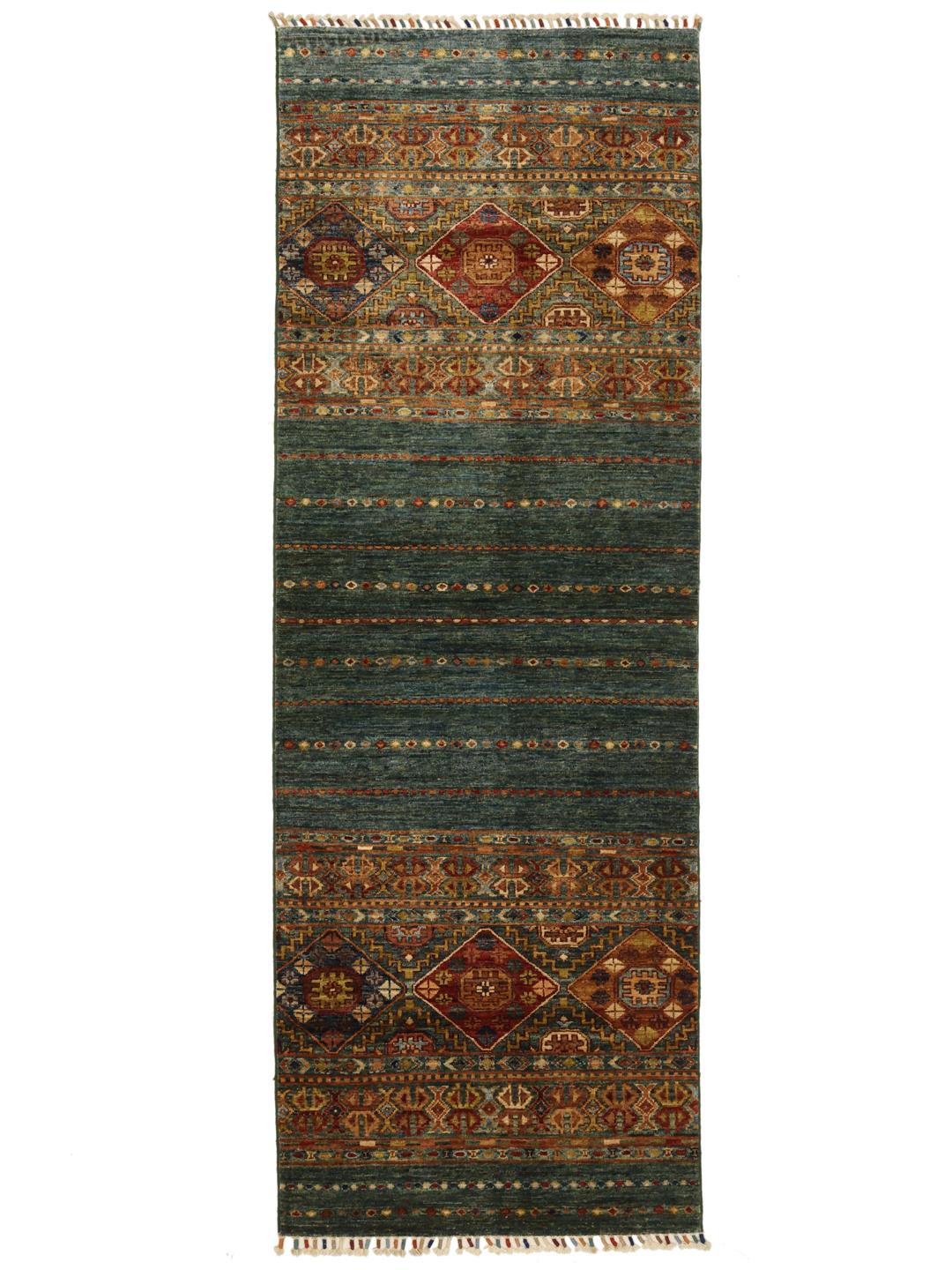 Handgeknoopte Afghaanse loper in donkerblauw met geometrische motieven
