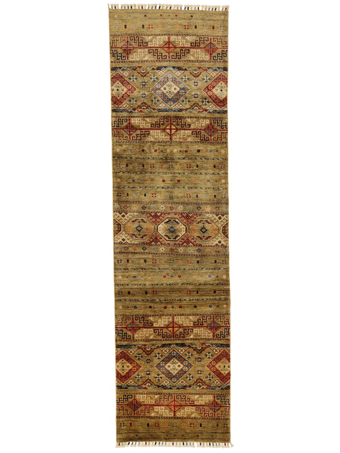 Hand-knotted Afghan runner rug in brown with geometric patterns