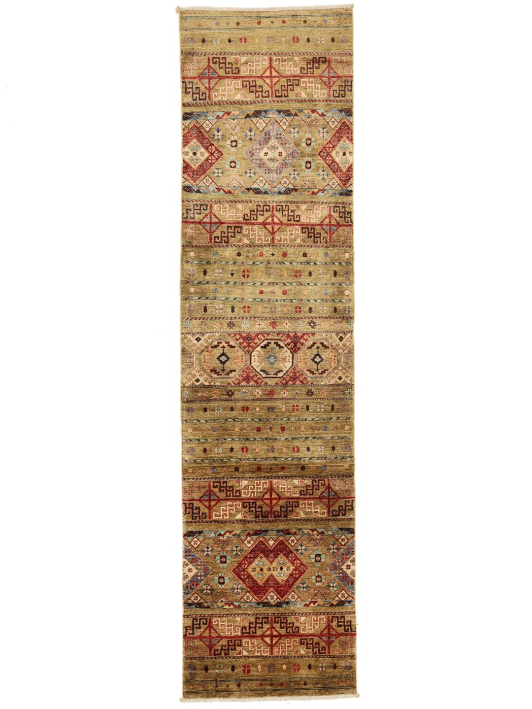 Hand-knotted runner from Afghanistan in brown with geometric patterns