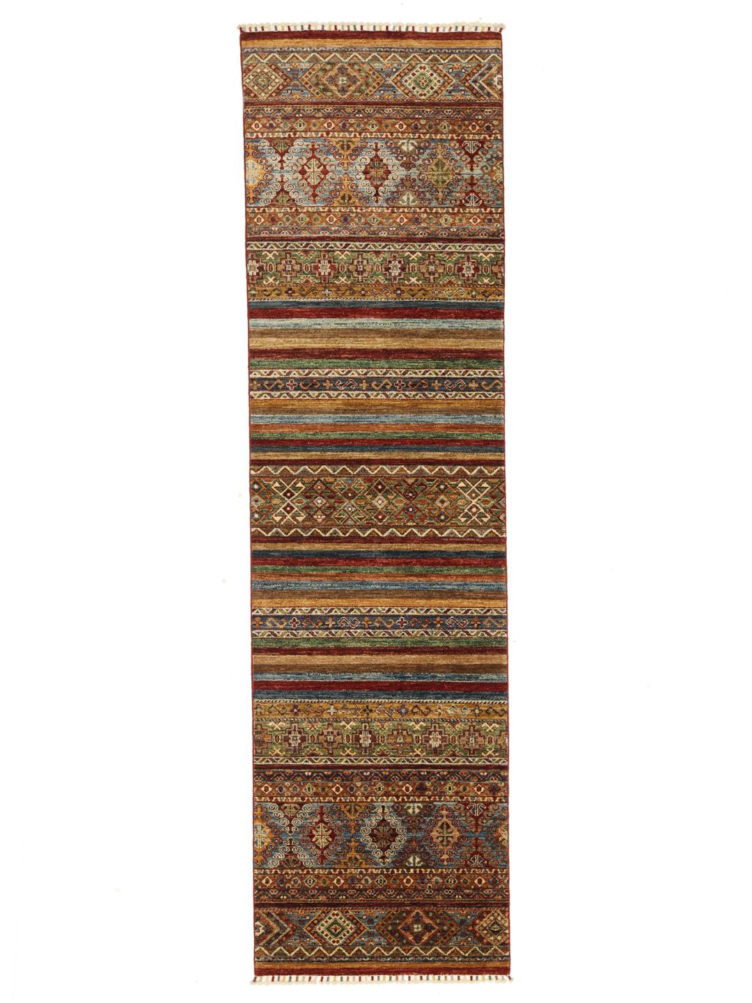 Met de hand geknoopte loper uit Afghanistan in veelkleurig design met geometrische patronen
