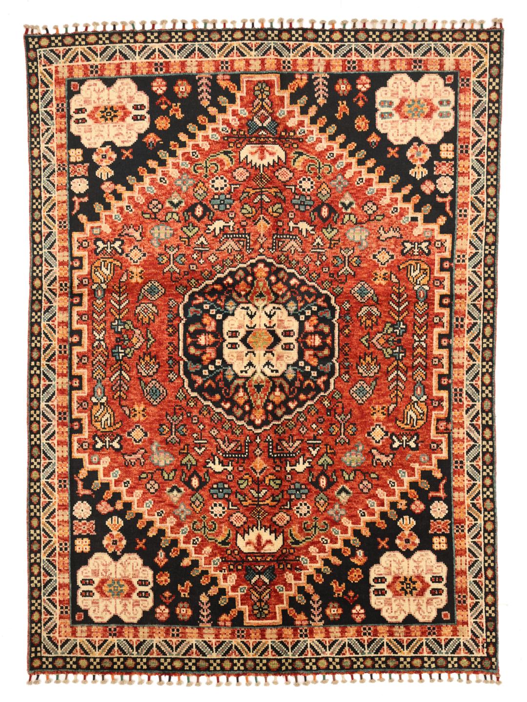 Handmade Kazak rug from Afghanistan in dark-grey and red