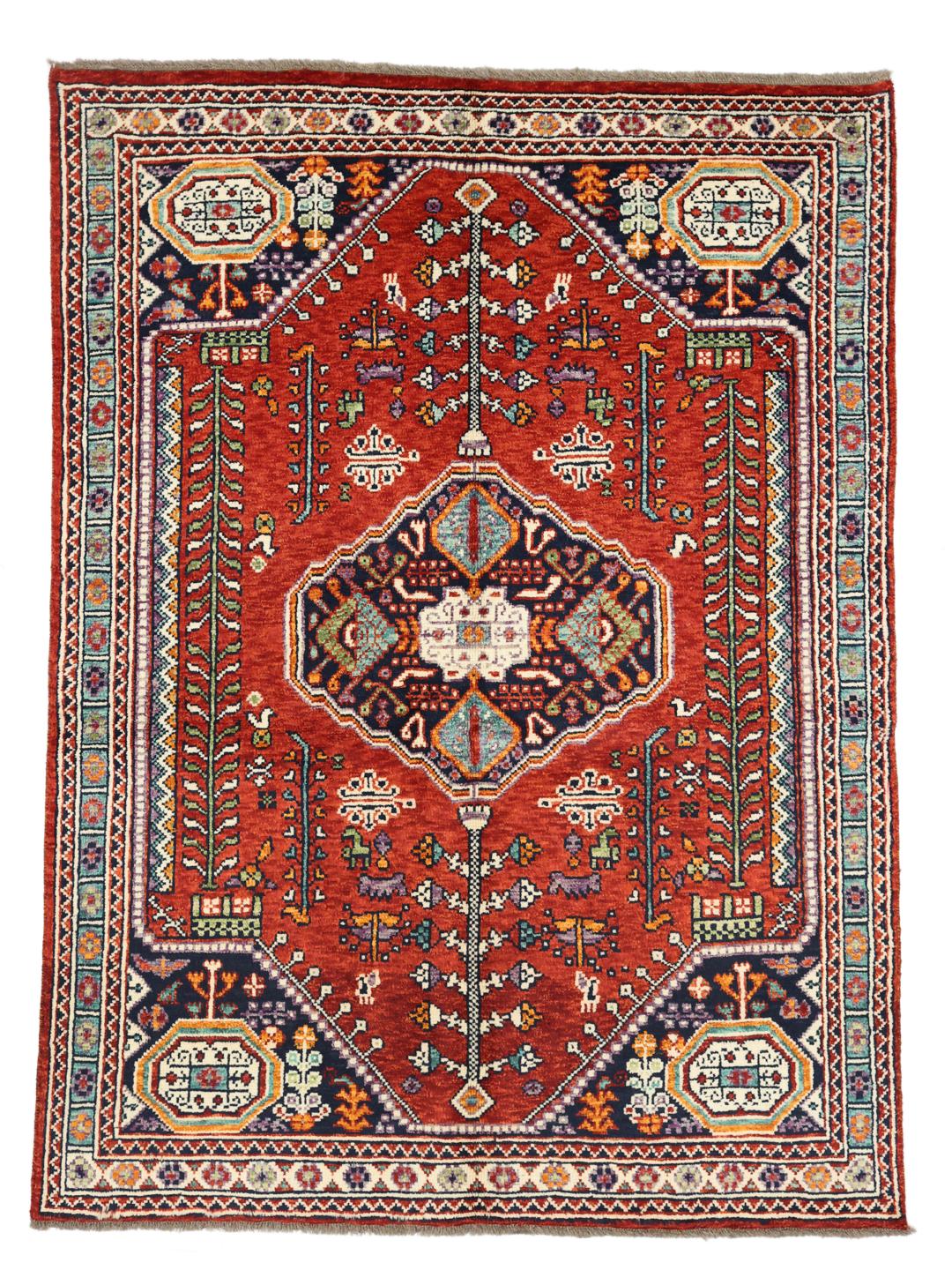 Hand knotted Afghan Kazak rug in red and blue with geometric patterns
