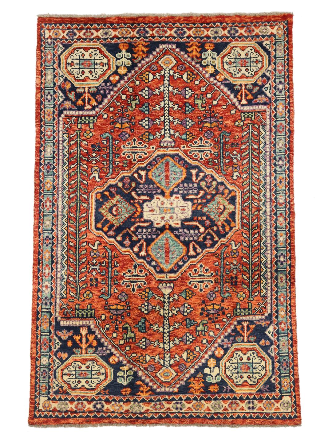 Hand-knotted Afghan Kazak rug with red and blue geometric patterns