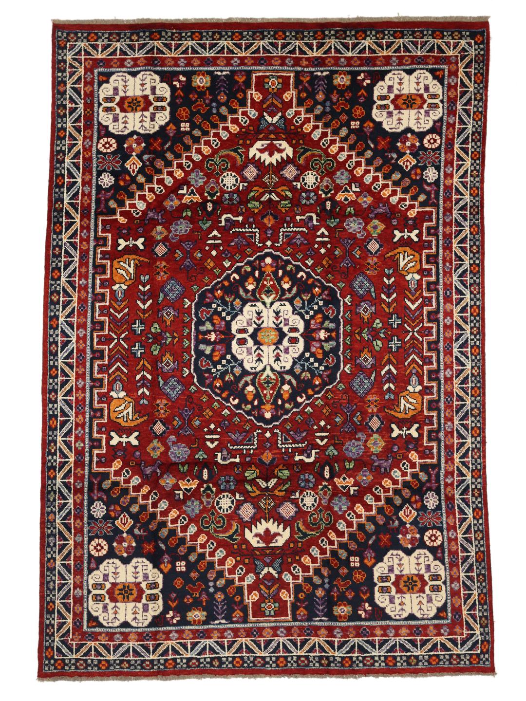 Alfombra Kazak anudada a mano de Afganistán en rojo y azul oscuro