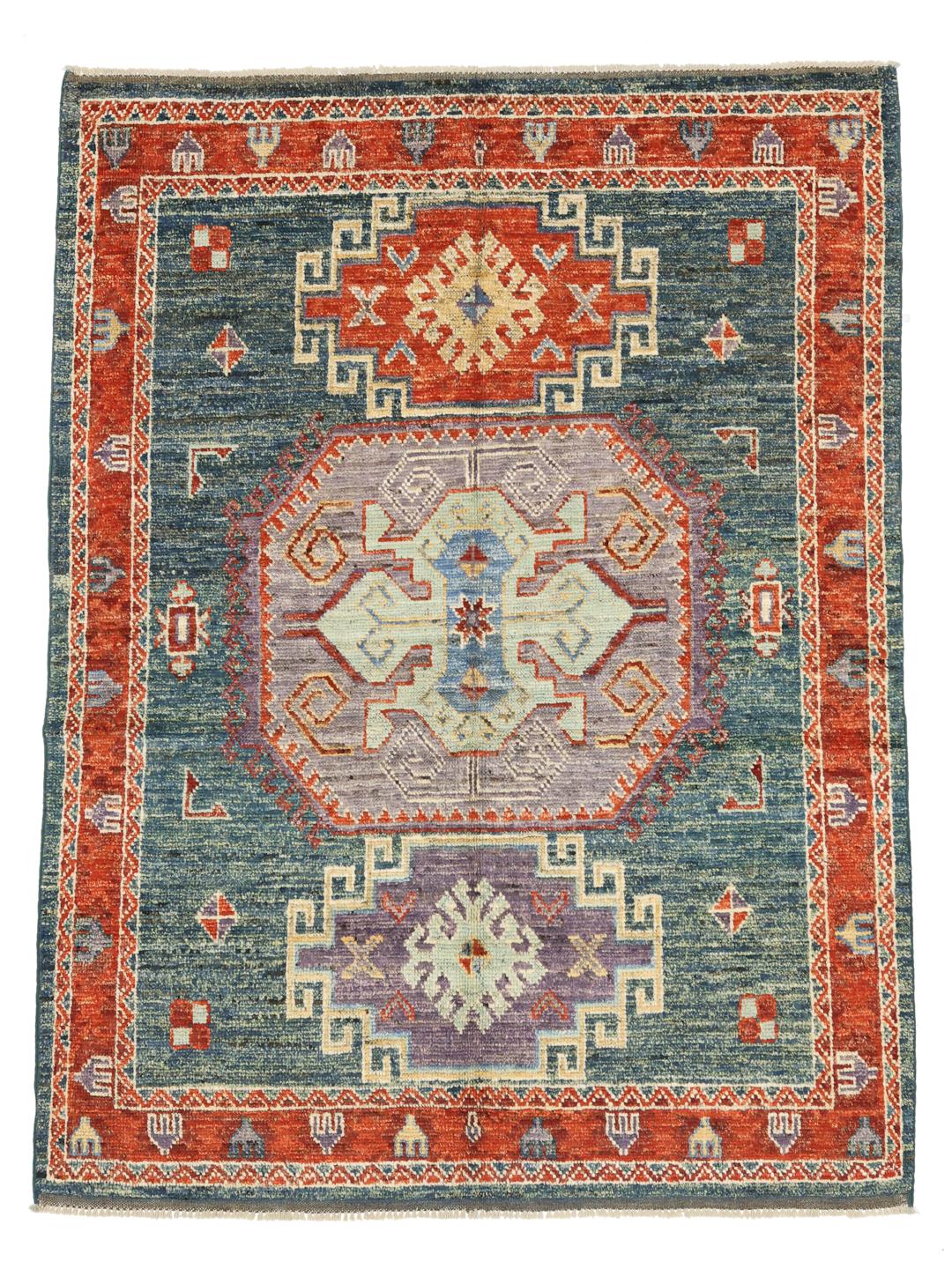 Hand-knotted Kazak rug from Afghanistan with a blue and red geometric pattern.