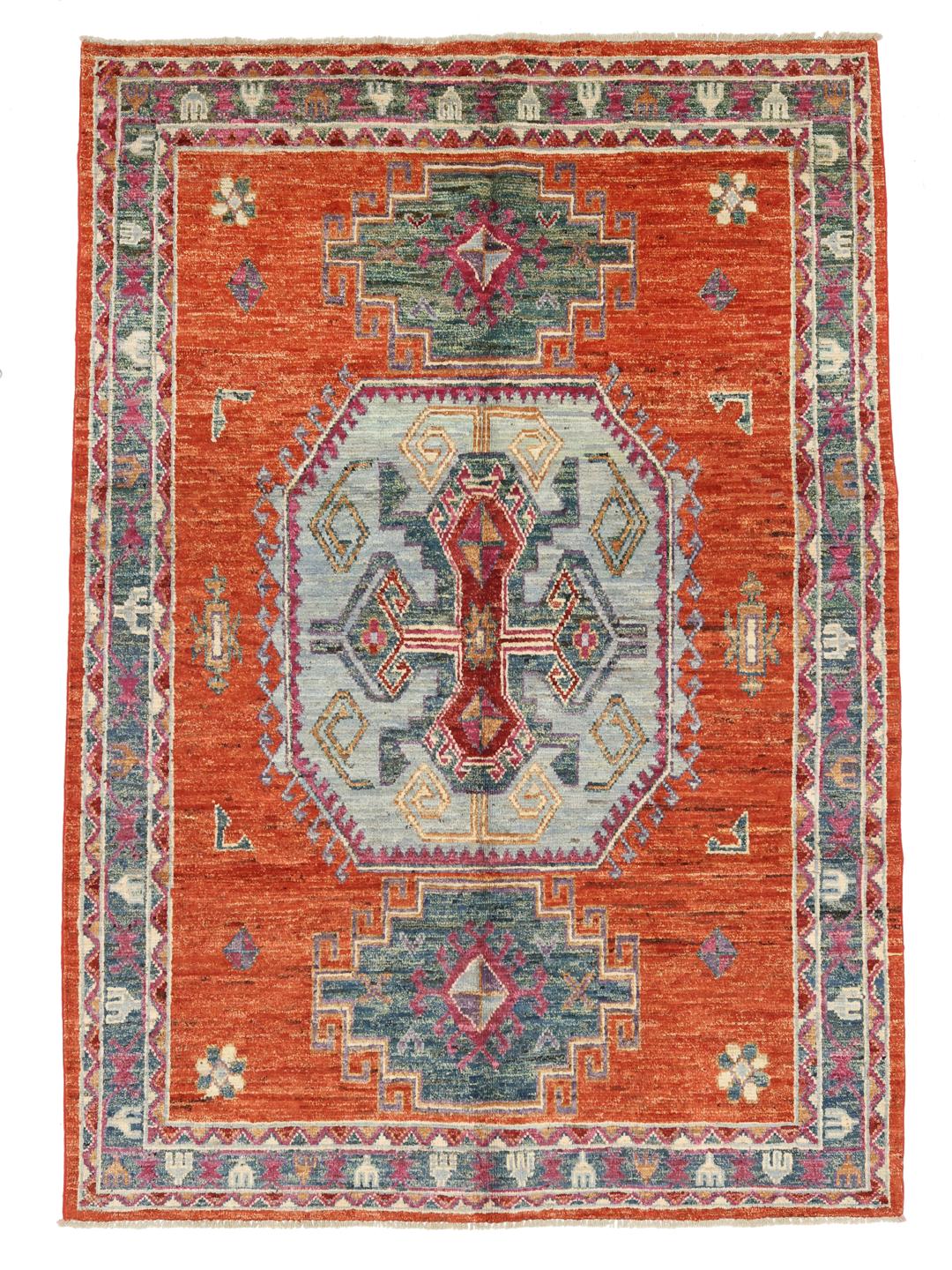 Handgeknüpfter Kazak-Teppich aus Afghanistan in Rot-, Blau- und Rosatönen