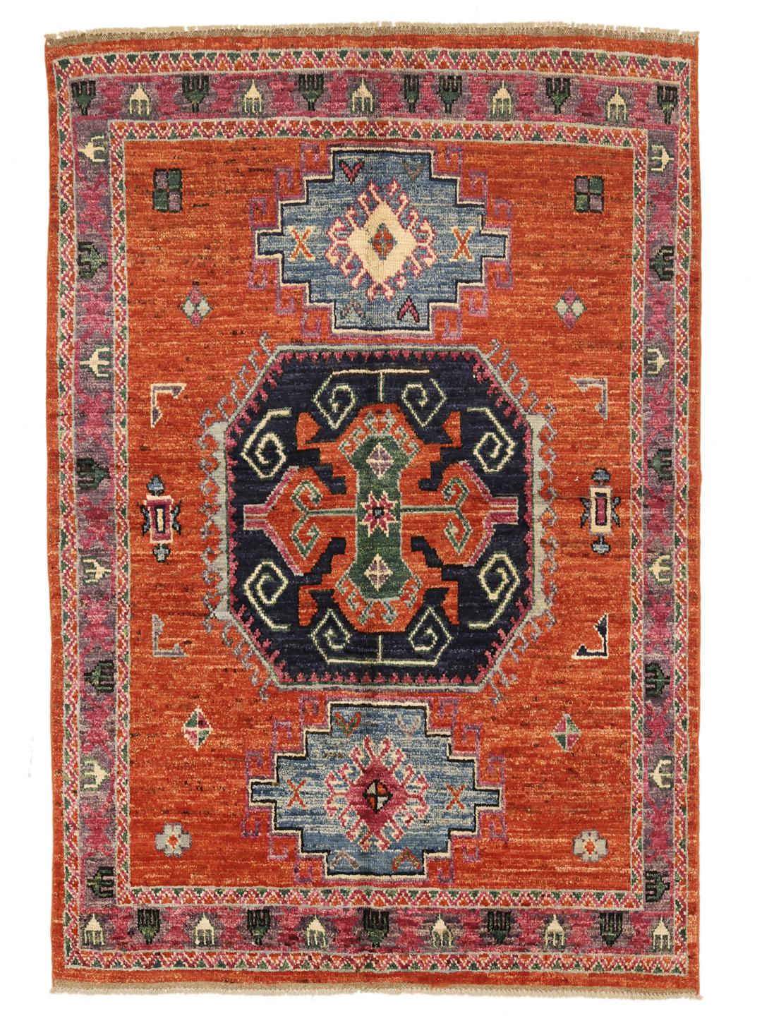 Hand-knotted Kazak rug from Afghanistan in vibrant red and blue tones